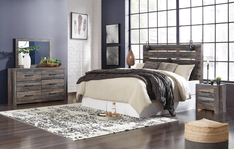 Drystan Panel Headboard with Metal Frame, Dresser, Mirror, and Nightstand