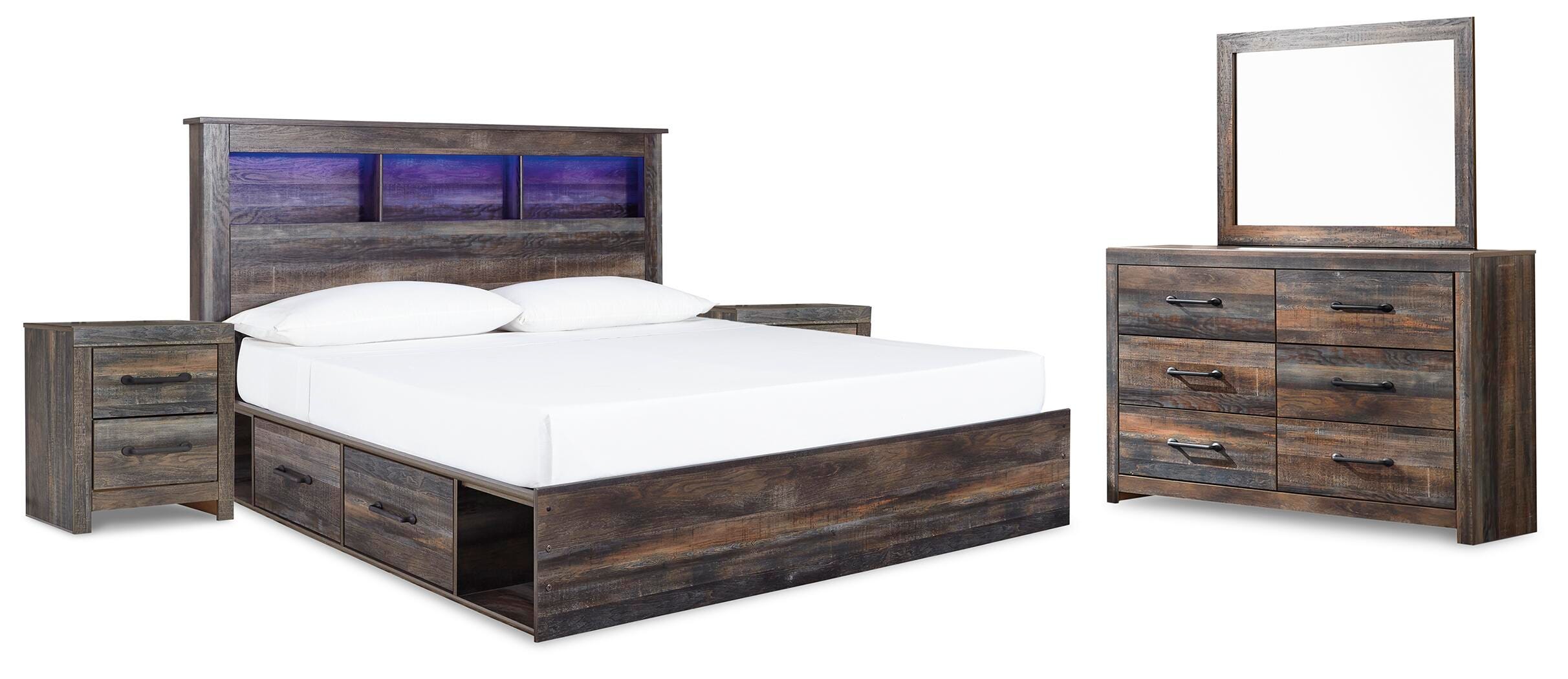 Drystan Bookcase Bed with 4 Storage Drawers, Dresser, Mirror and 2 Nightstands