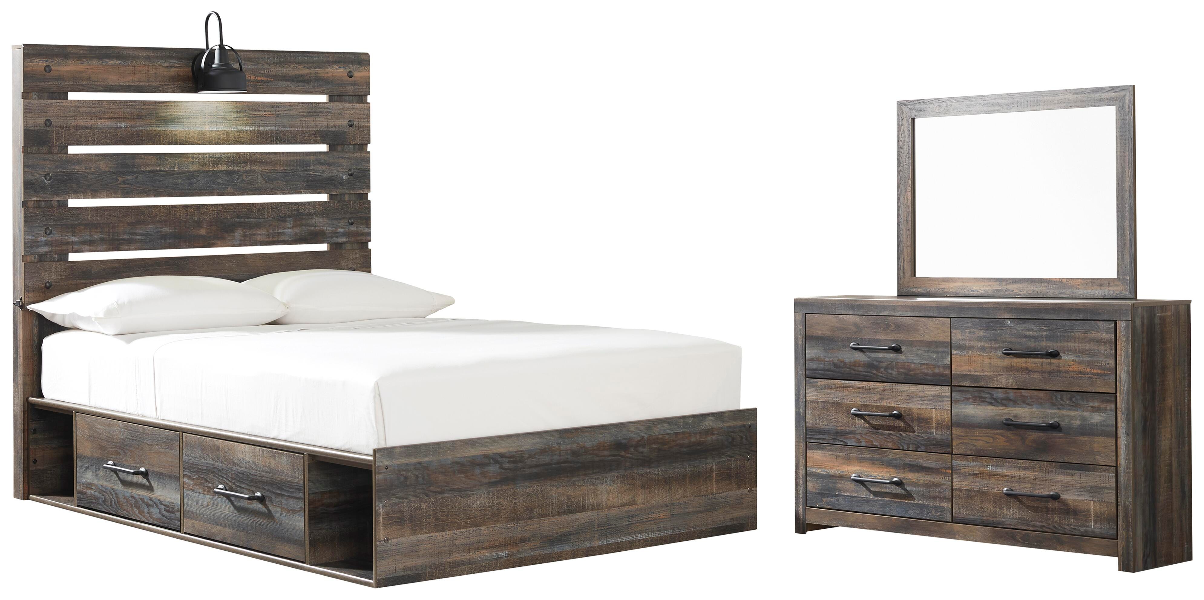 Drystan Panel Bed with 2 Storage Drawers with Mirrored Dresser