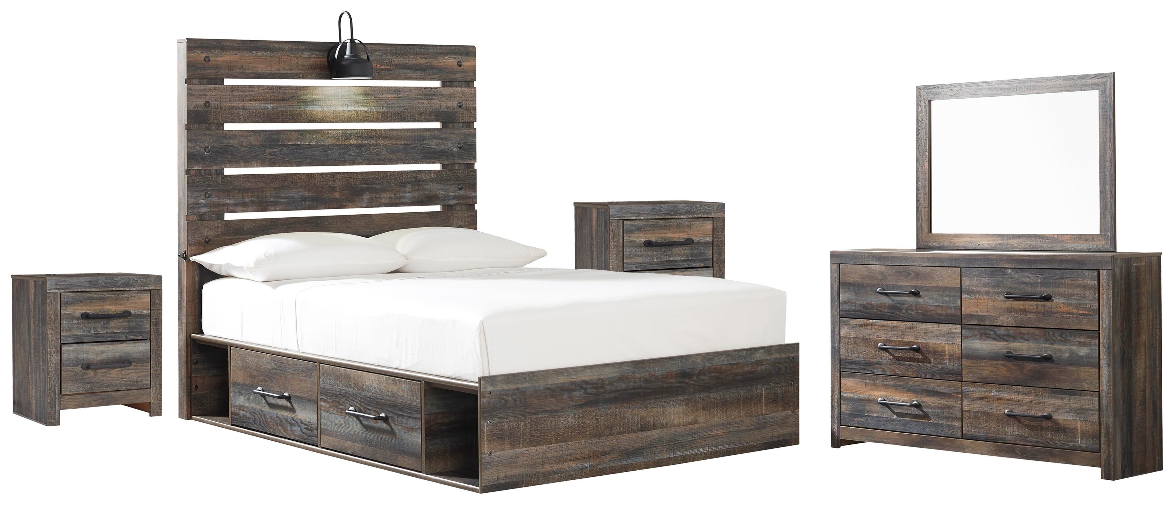 Drystan Panel Bed with 2 Storage Drawers with Mirrored Dresser and 2 Nightstands