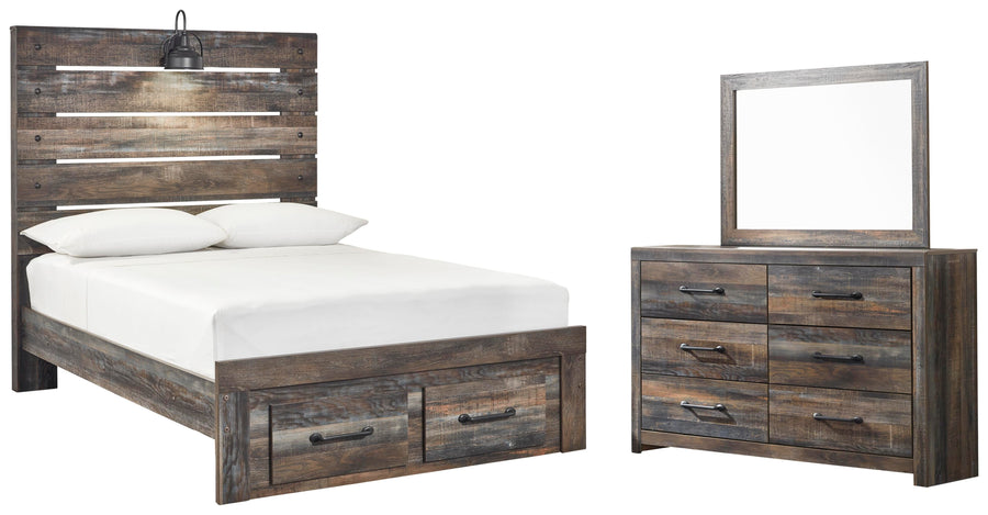 Drystan Panel Bed with 2 Storage Drawers with Mirrored Dresser