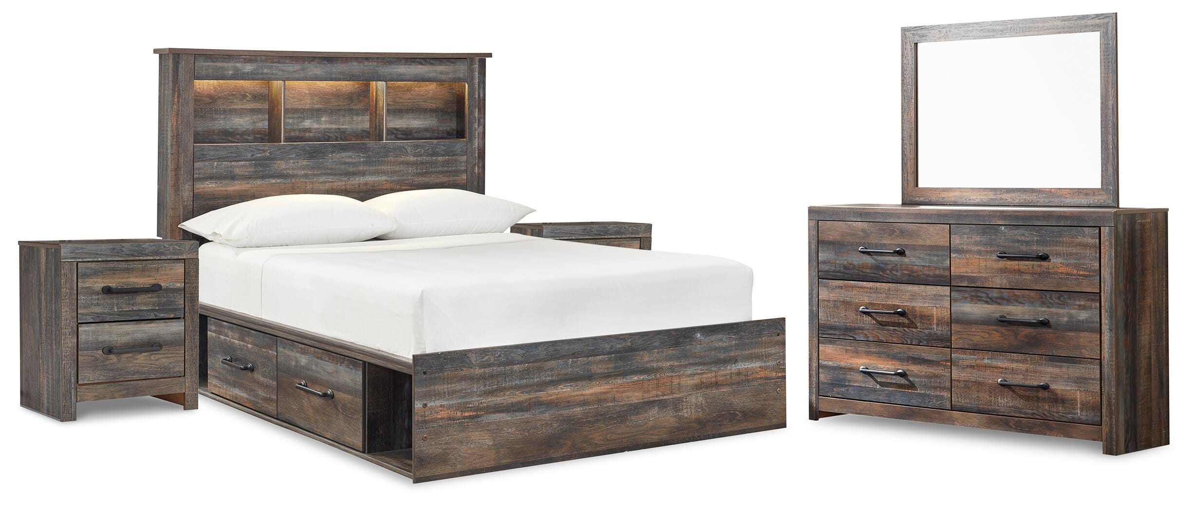 Drystan Bookcase Bed with 4 Storage Drawers, Dresser, Mirror and 2 Nightstands