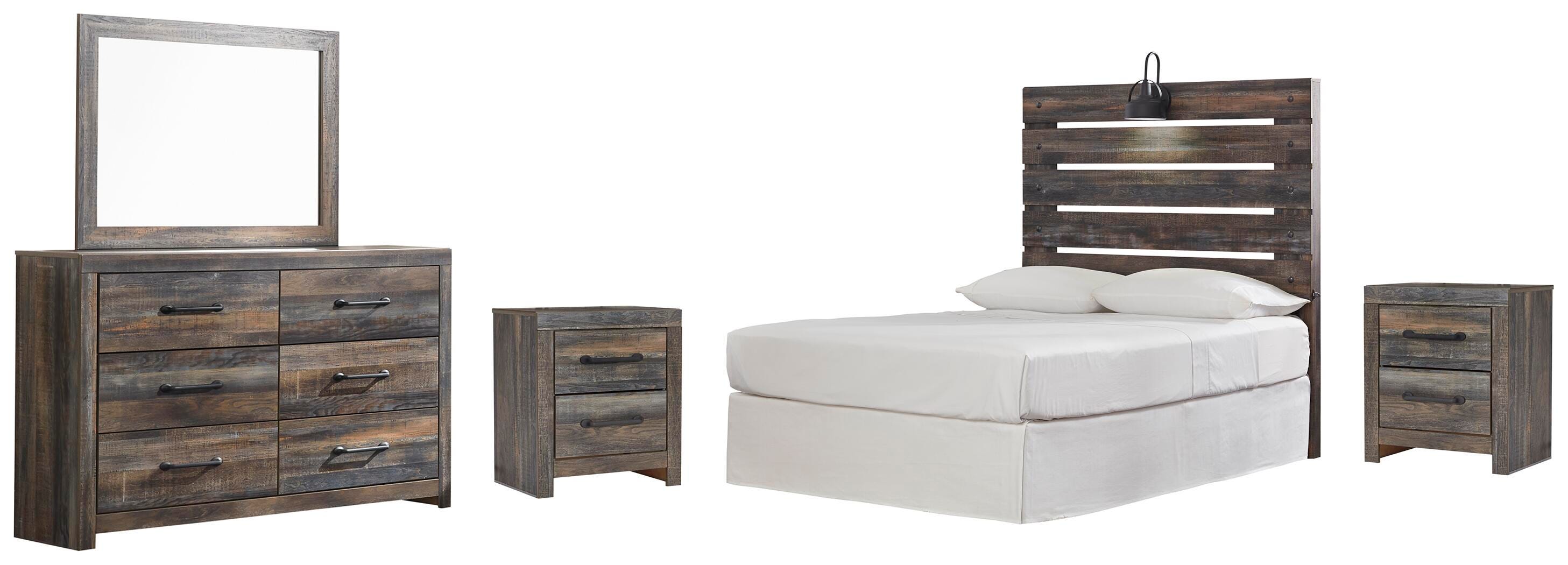 Drystan Panel Headboard with Mirrored Dresser and 2 Nightstands