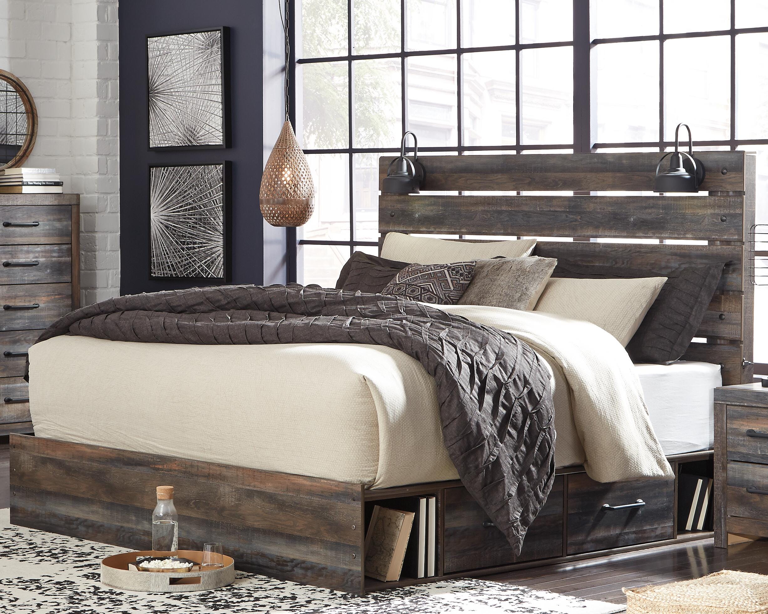 Drystan Panel Bed with 2 Storage Drawers with Mirrored Dresser and 2 Nightstands