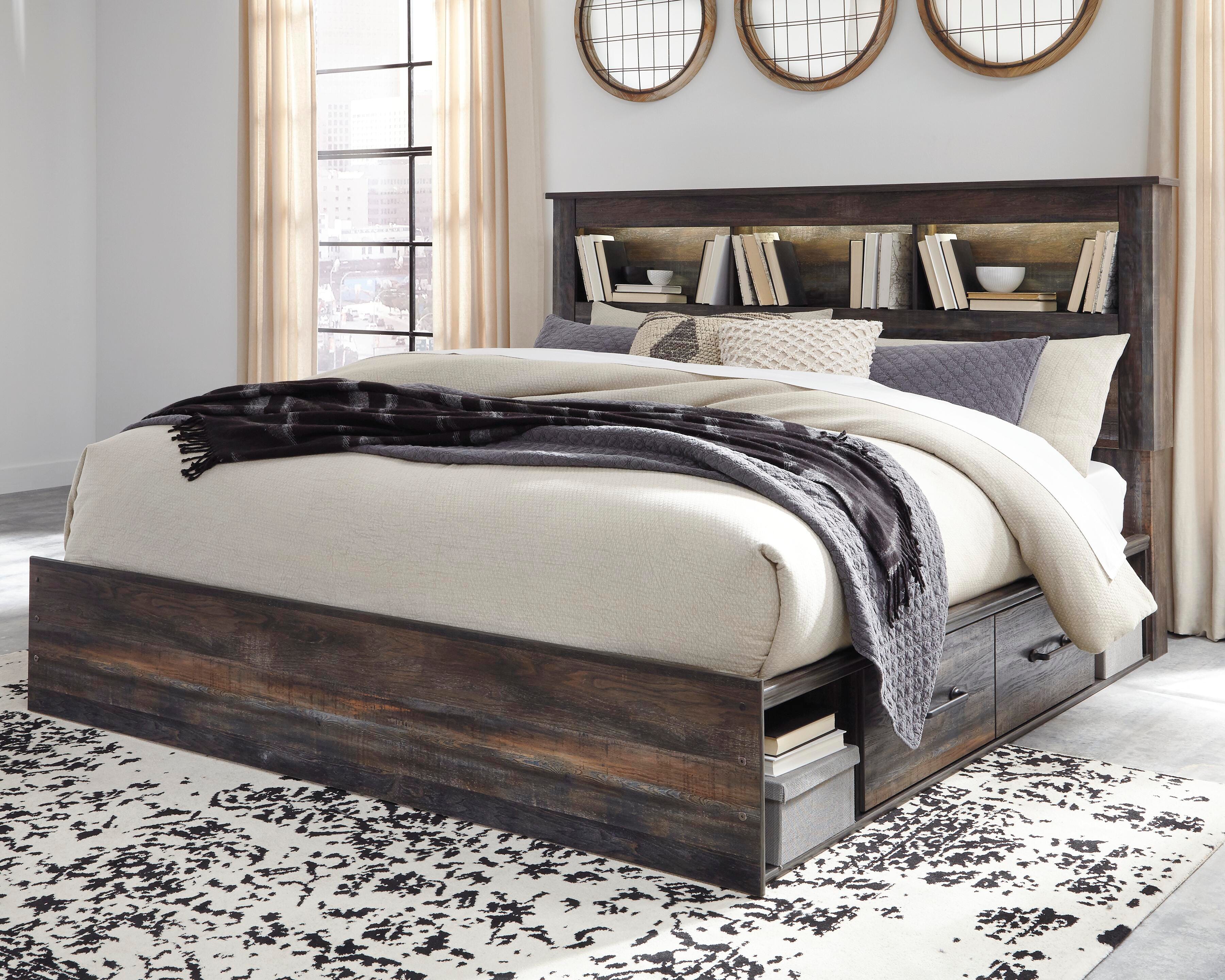 Drystan Bookcase Bed with 4 Storage Drawers, Dresser, Mirror and 2 Nightstands