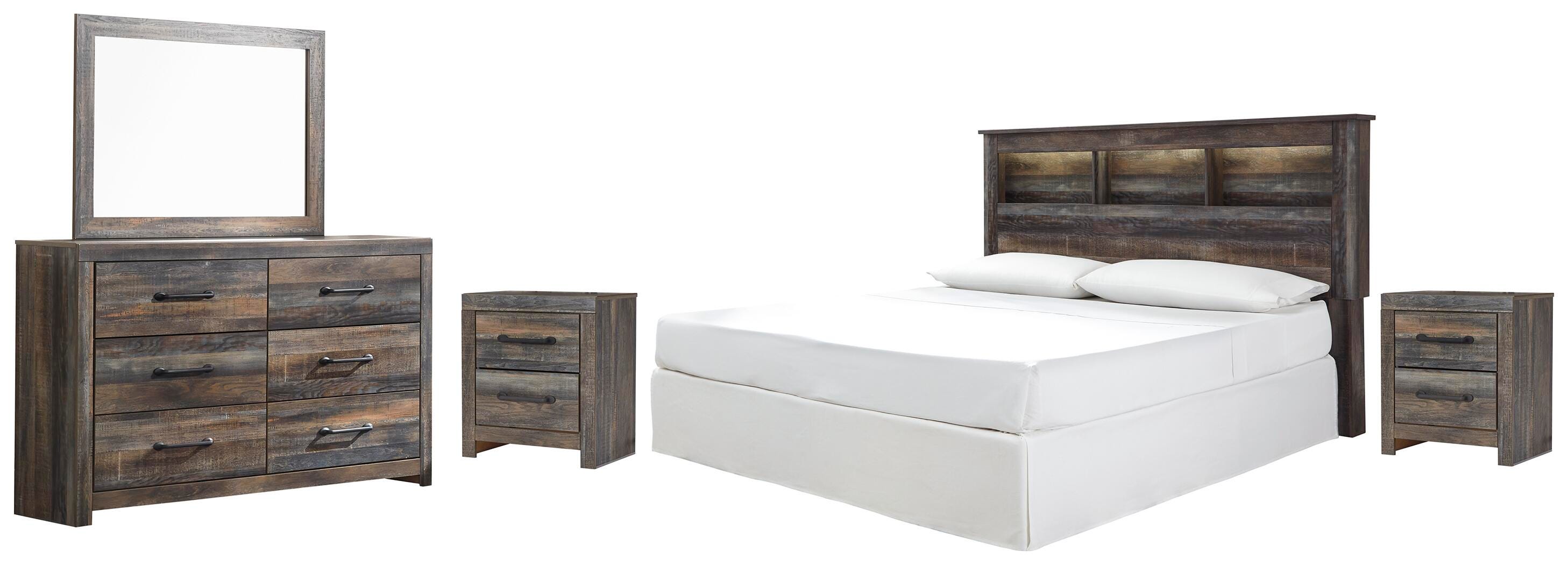 Drystan Bookcase Headboard, Dresser, Mirror and 2 Nightstands