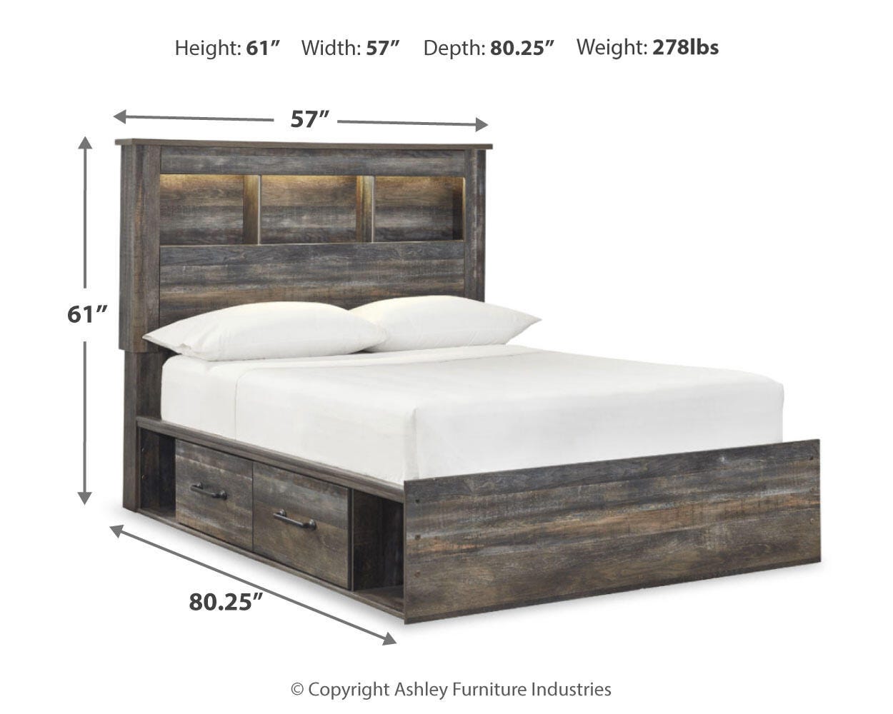 Drystan Bookcase Bed with 4 Storage Drawers, Dresser, Mirror and 2 Nightstands