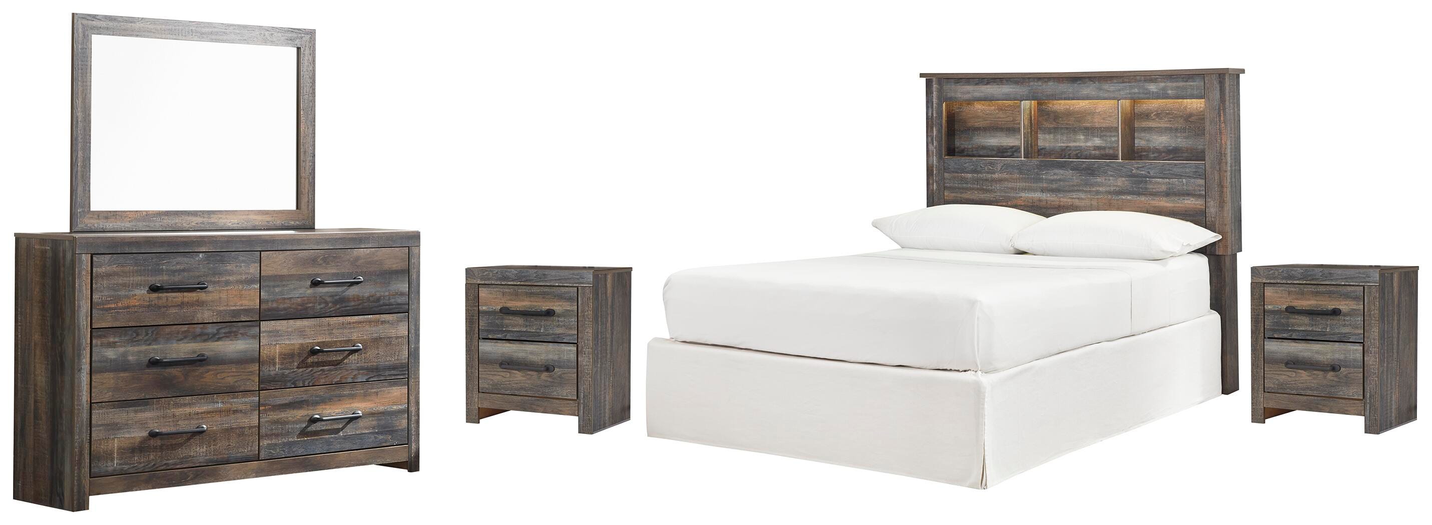Drystan Bookcase Headboard, Dresser, Mirror and 2 Nightstands