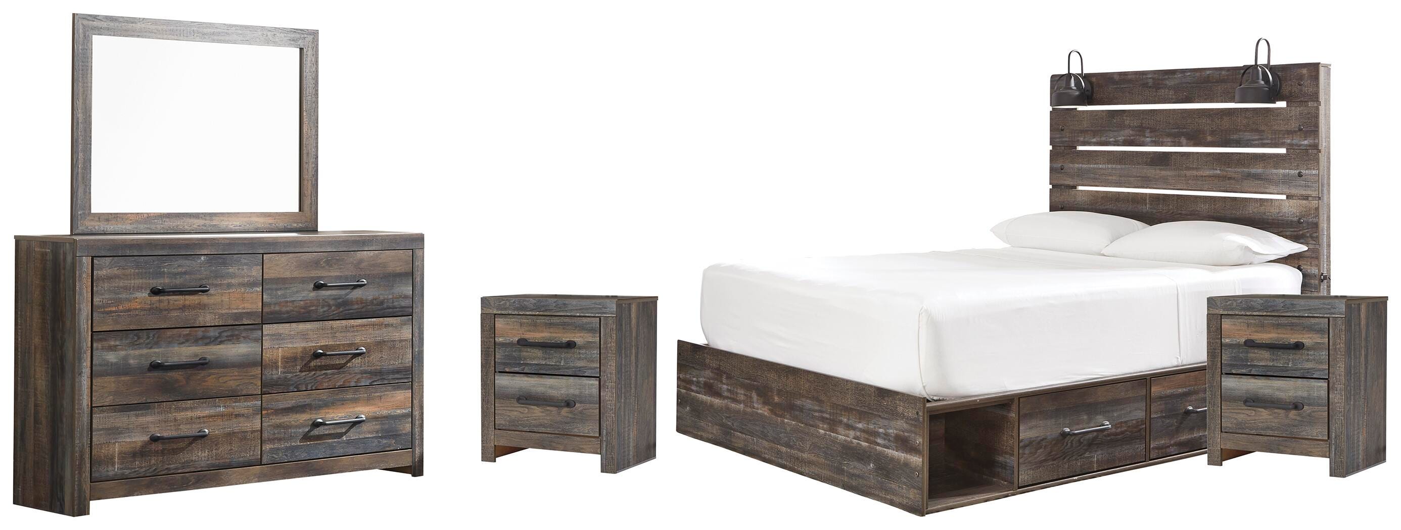 Drystan Panel Bed with 2 Storage Drawers with Mirrored Dresser and 2 Nightstands