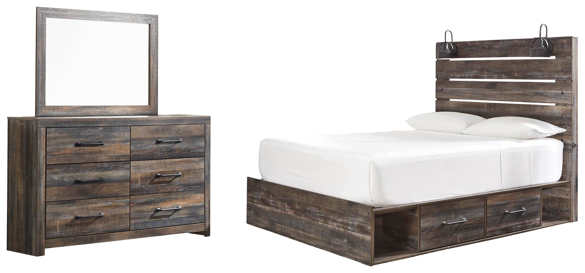 Drystan Panel Bed with 2 Storage Drawers with Mirrored Dresser
