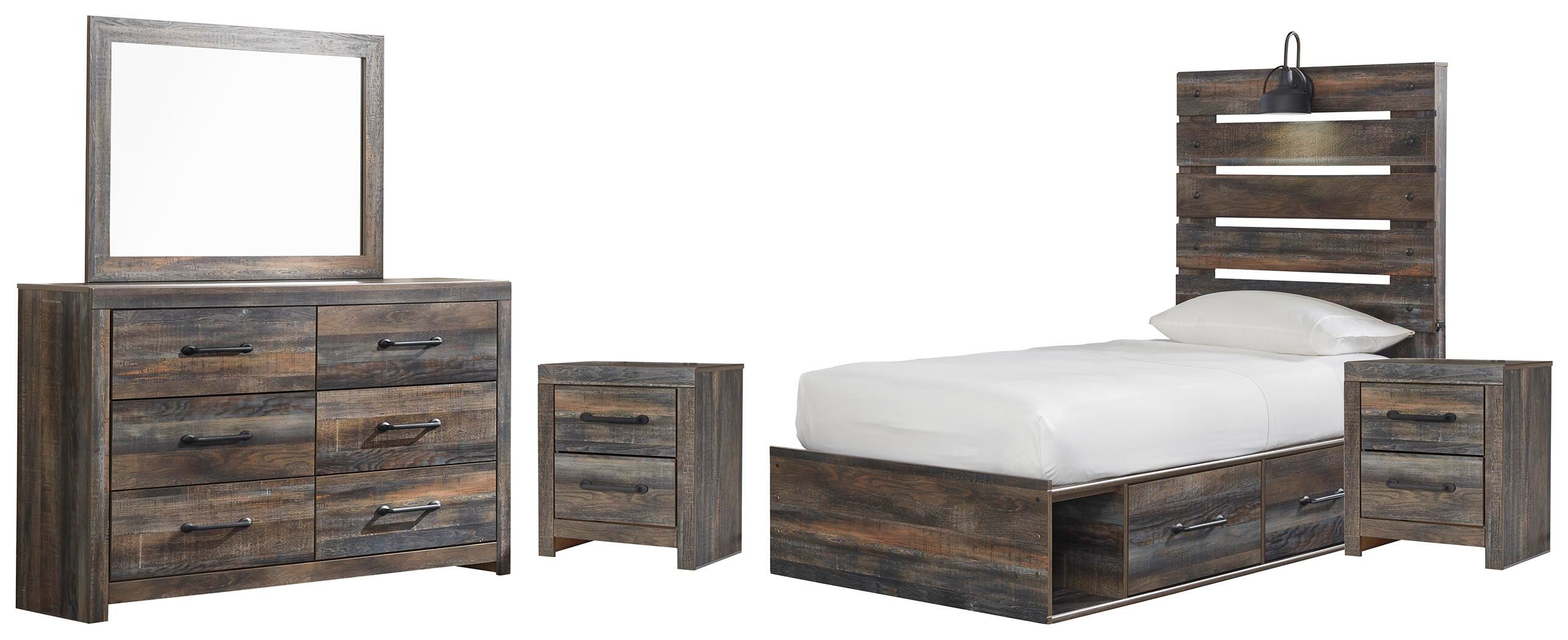 Drystan Panel Bed with 4 Storage Drawers, Dresser, Mirror and 2 Nightstands
