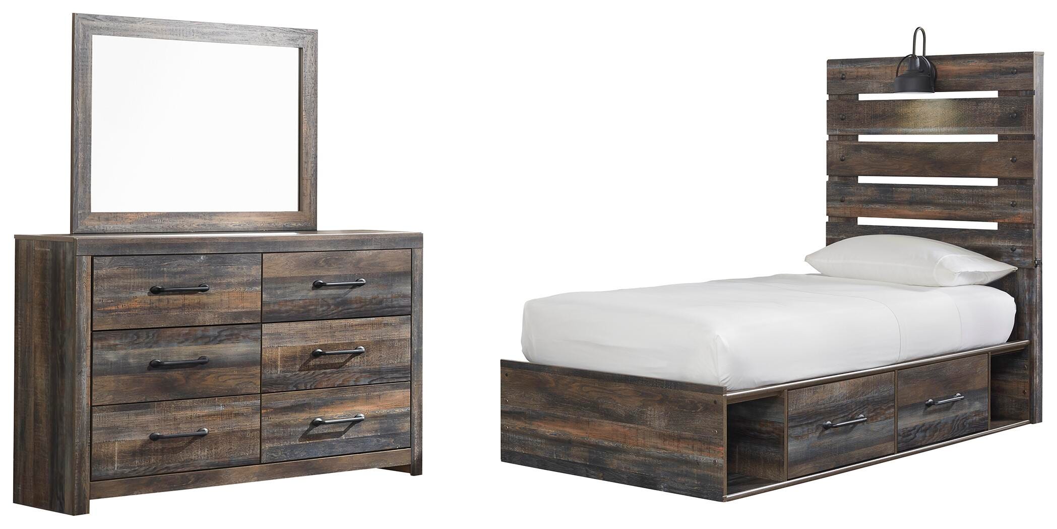 Drystan Panel Bed with 4 Storage Drawers with Mirrored Dresser