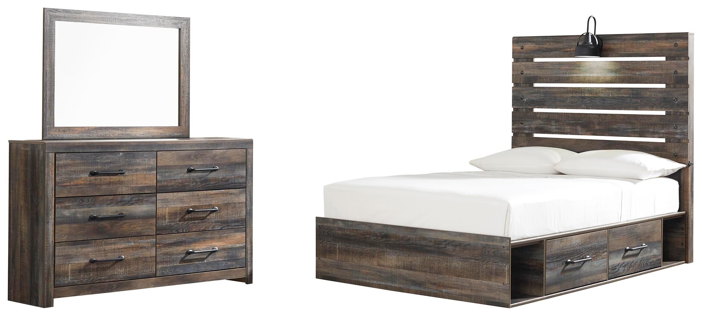 Drystan Panel Bed with 4 Storage Drawers with Mirrored Dresser