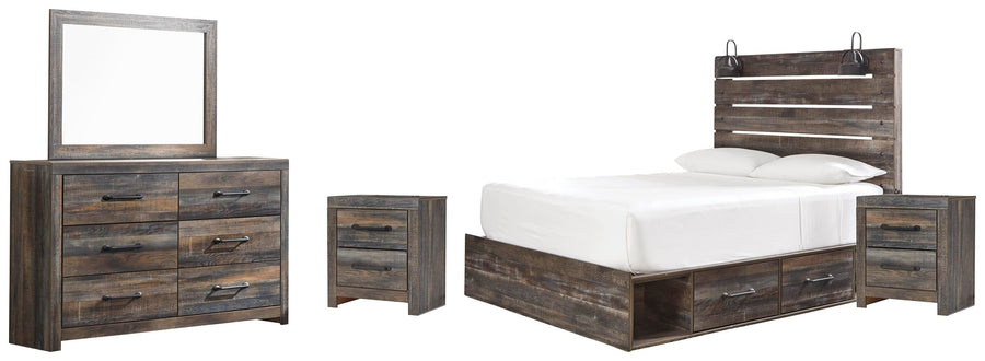 Drystan Panel Bed with 4 Storage Drawers, Dresser, Mirror and 2 Nightstands