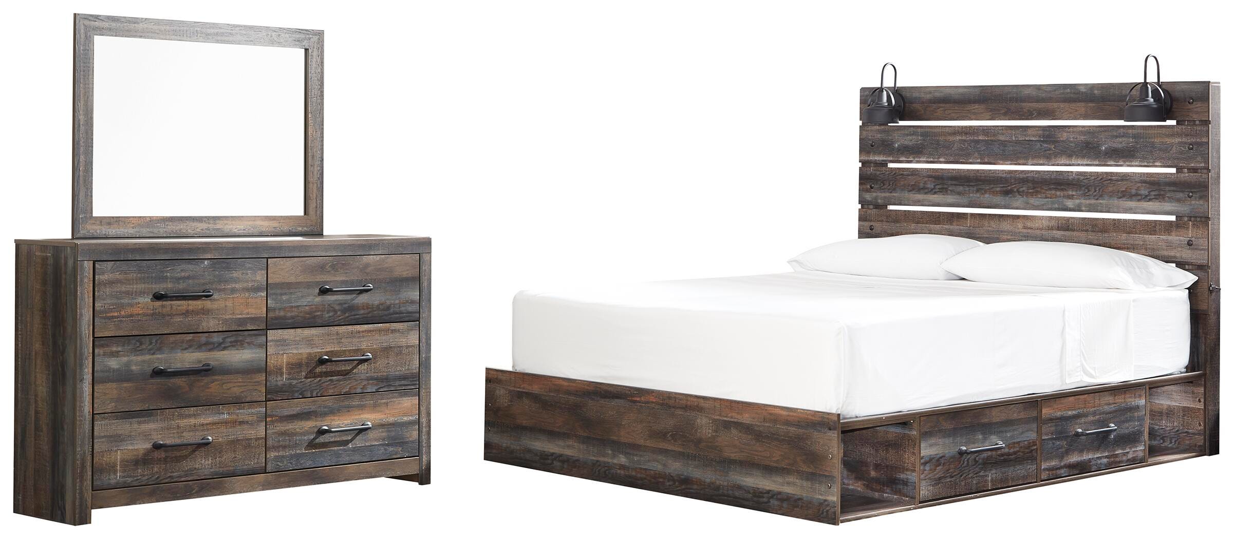 Drystan Panel Bed with 2 Storage Drawers with Mirrored Dresser