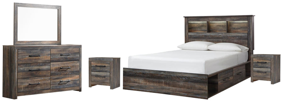 Drystan Bookcase Bed with 4 Storage Drawers, Dresser, Mirror and 2 Nightstands