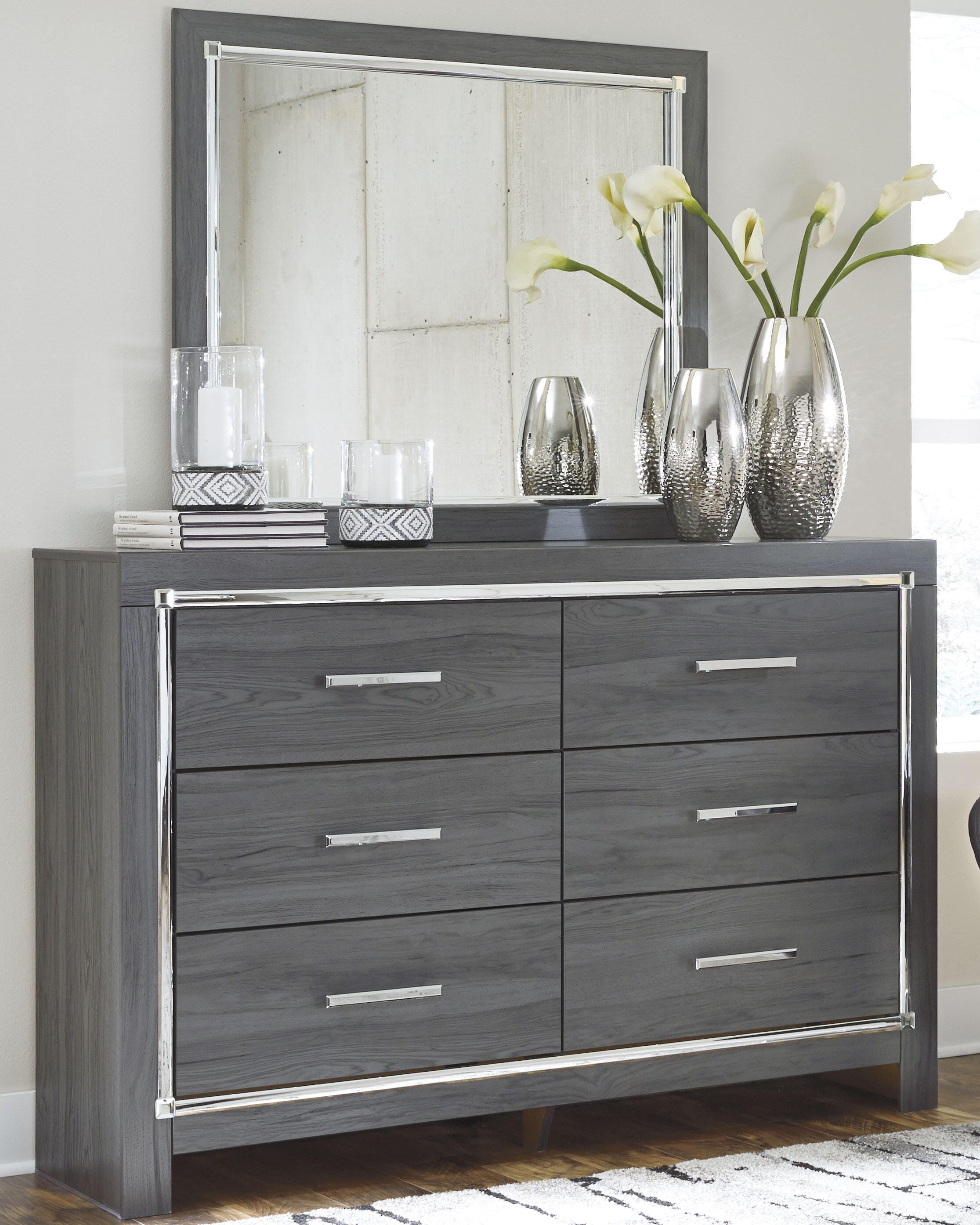 Lodanna Upholstered Panel Headboard with Mirrored Dresser, Chest and 2 Nightstands