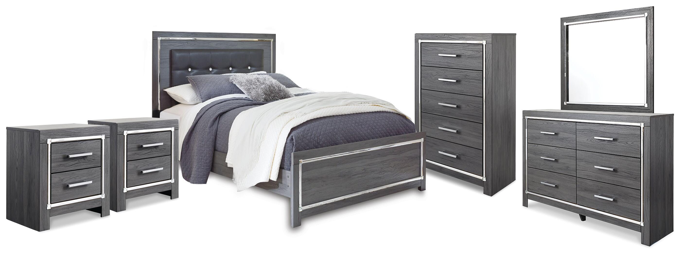 Lodanna Panel Bed with Mirrored Dresser, Chest and 2 Nightstands