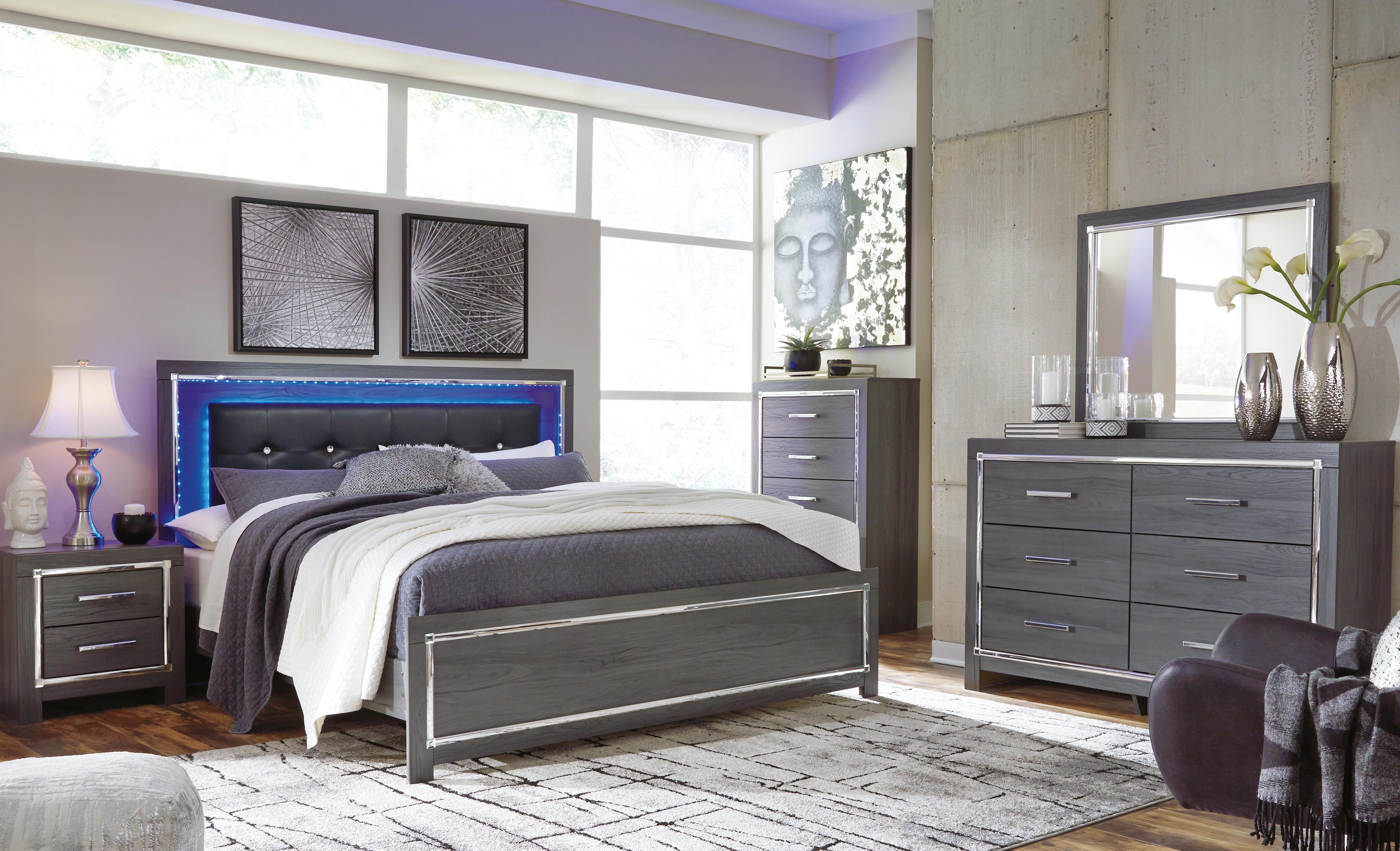Lodanna Upholstered Panel Bed, Dresser, Chest and 2 Nightstands