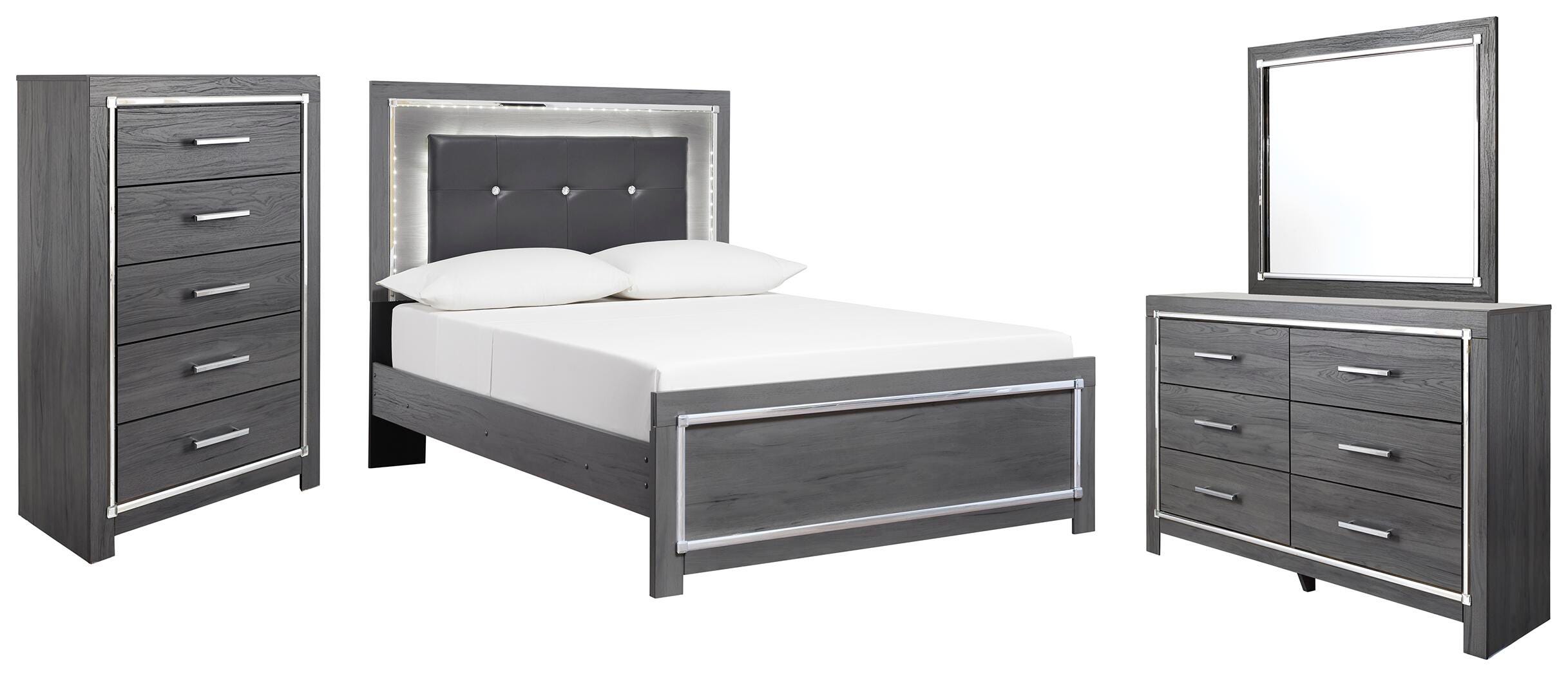Lodanna Panel Bed with Mirrored Dresser and Chest