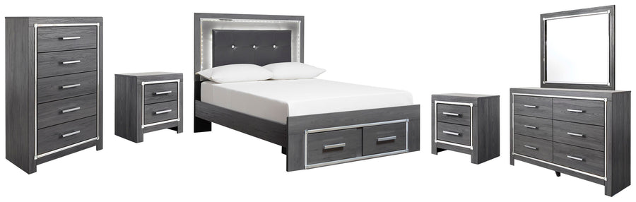 Lodanna Panel Bed with 2 Storage Drawers with Mirrored Dresser, Chest and 2 Nightstands