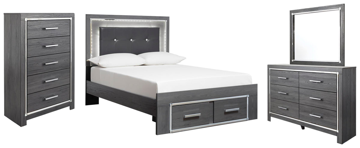 Lodanna Panel Bed with 2 Storage Drawers with Mirrored Dresser and Chest