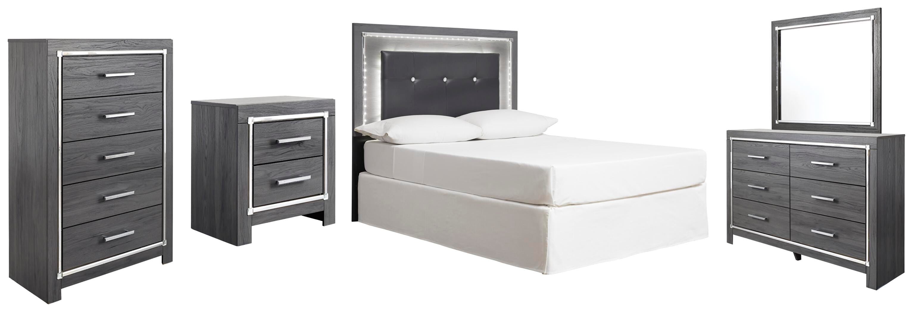Lodanna Upholstered Panel Headboard with Mirrored Dresser, Chest and Nightstand