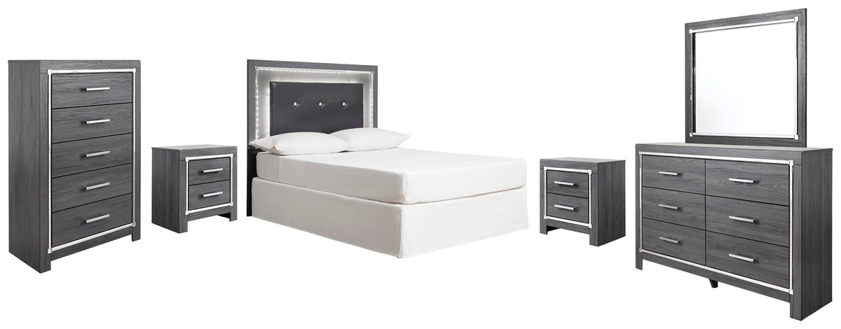 Lodanna Upholstered Panel Headboard with Mirrored Dresser, Chest and 2 Nightstands