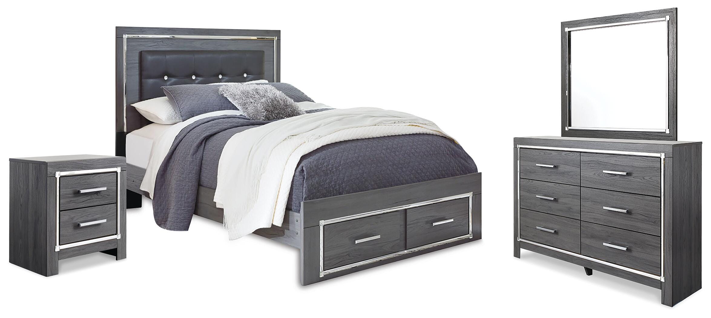 Lodanna Upholstered Panel Storage Bed, Dresser, Mirror, and Nightstand