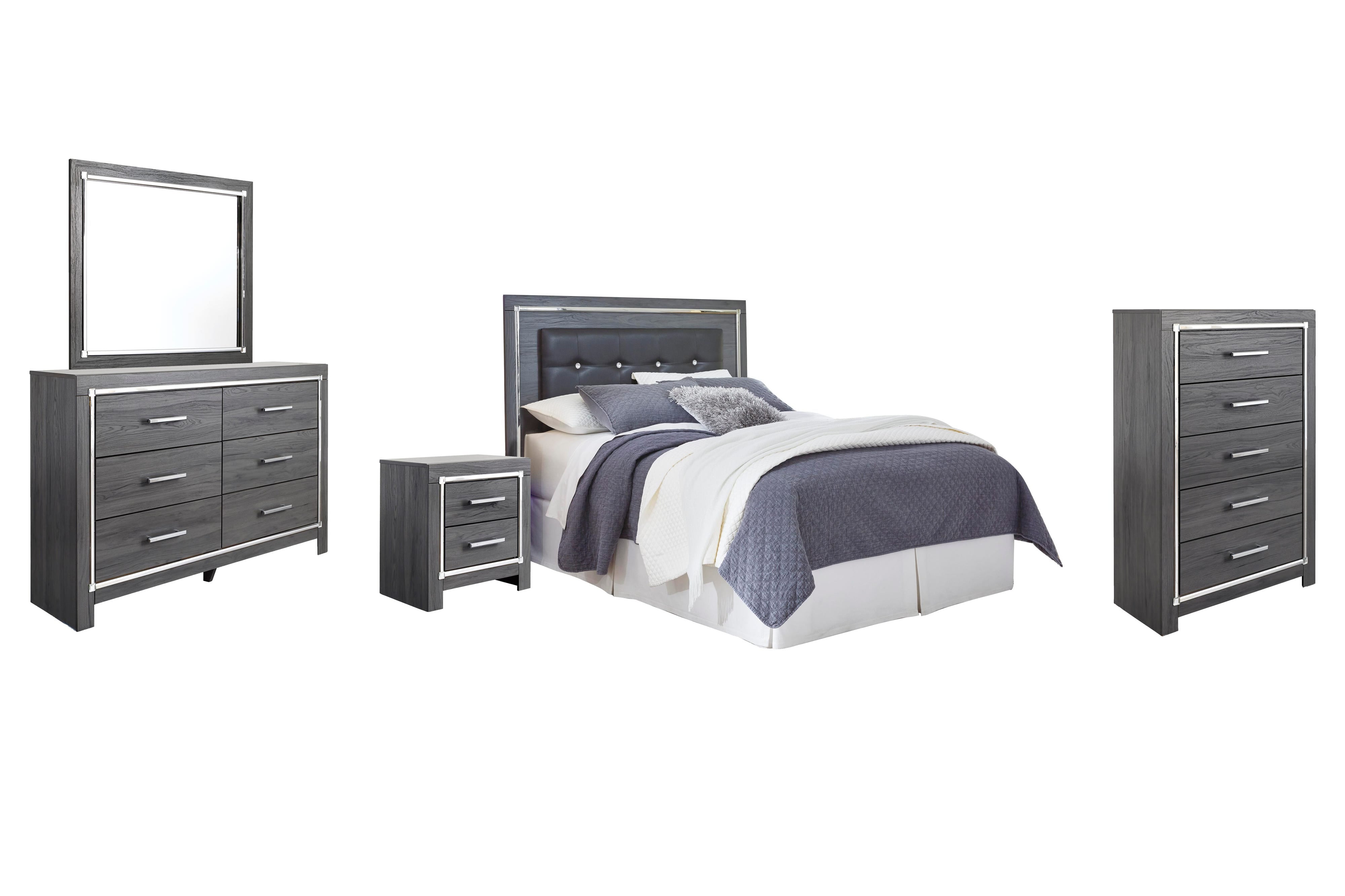 Lodanna Upholstered Panel Headboard with Mirrored Dresser, Chest and Nightstand