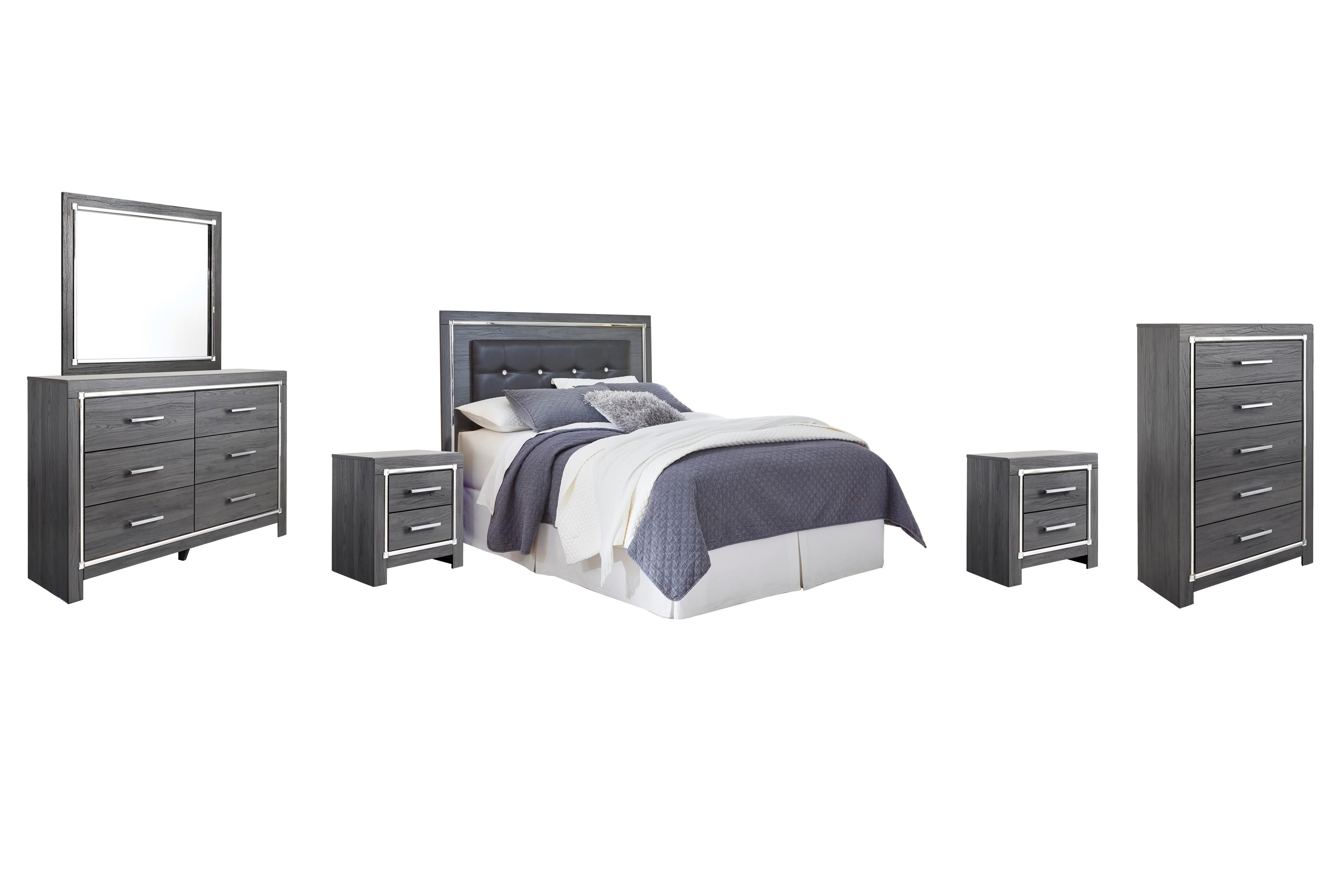 Lodanna Upholstered Panel Headboard with Mirrored Dresser, Chest and 2 Nightstands