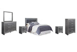 Lodanna Upholstered Panel Headboard with Mirrored Dresser, Chest and 2 Nightstands