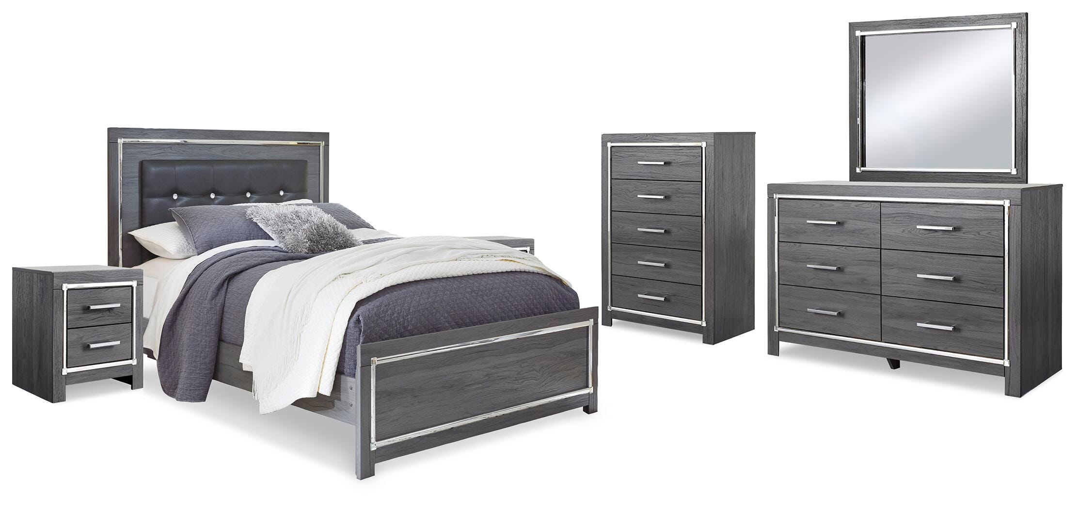 Lodanna Panel Bed with Mirrored Dresser and 2 Nightstands