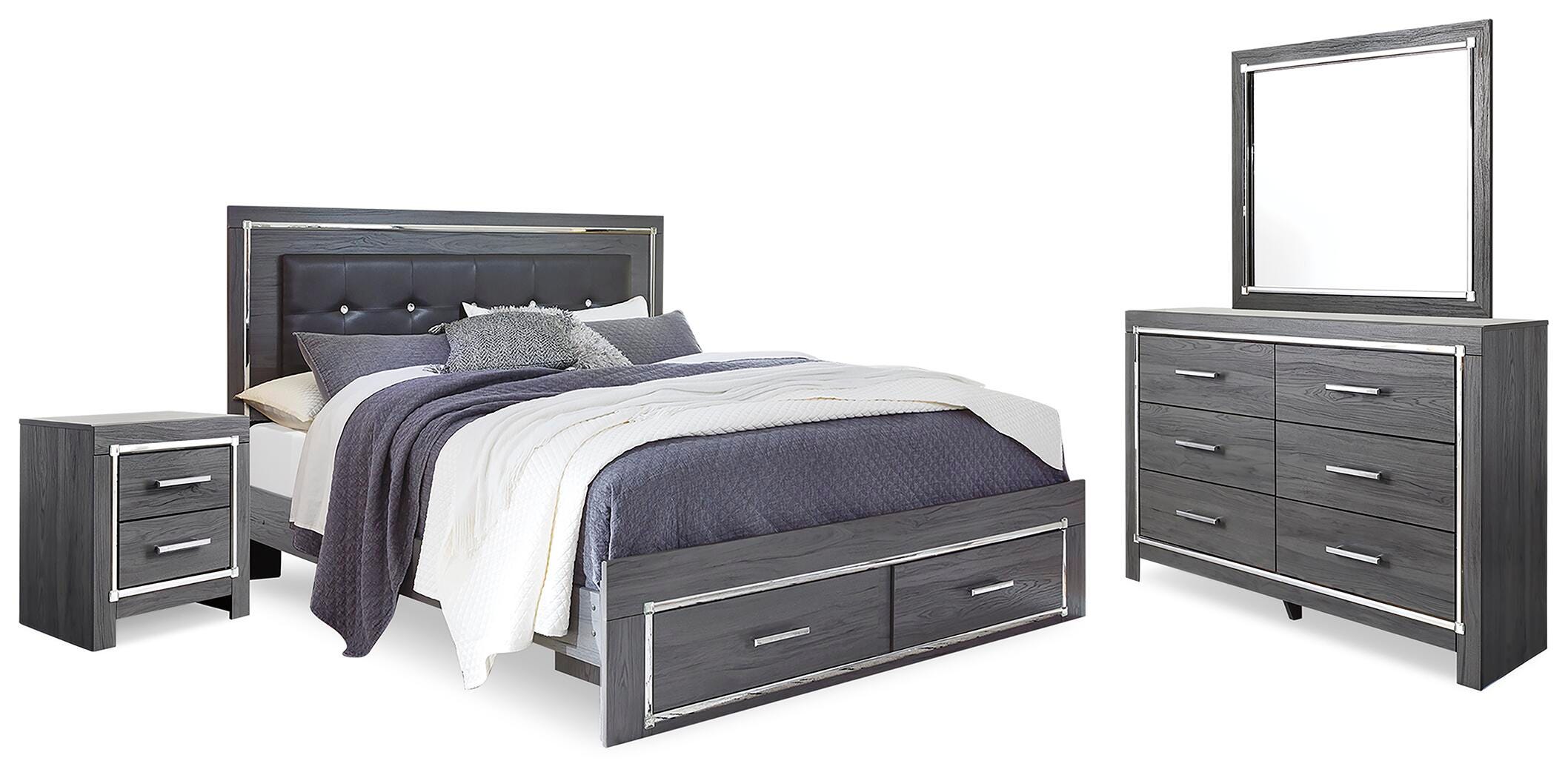Lodanna Upholstered Panel Bed, Dresser, Mirror, and Nightstand