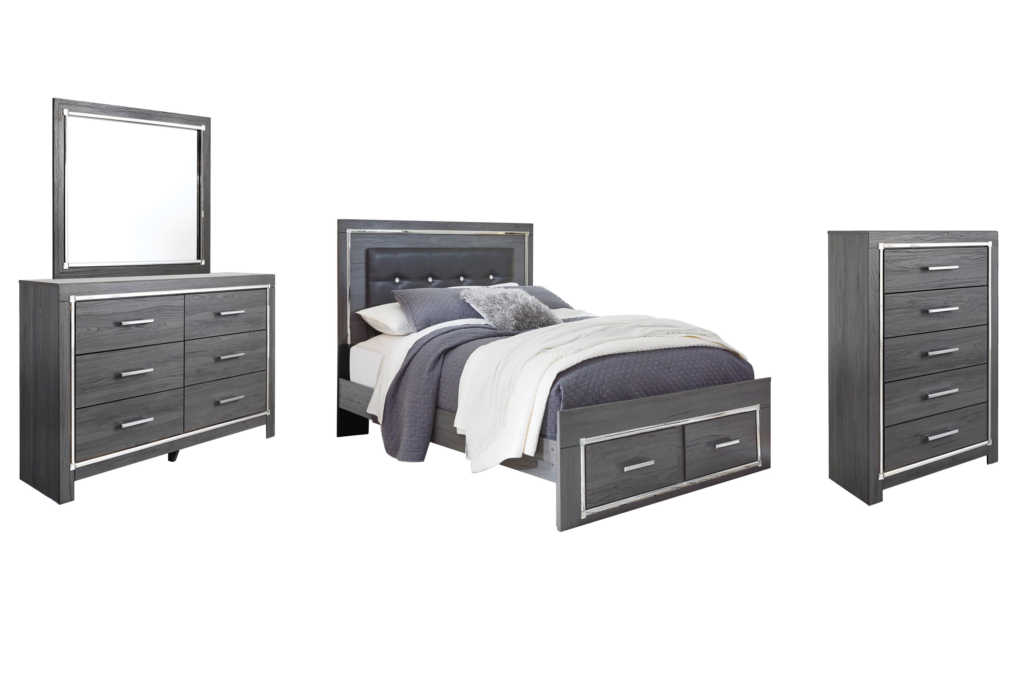 Lodanna Panel Bed with 2 Storage Drawers with Mirrored Dresser and Chest