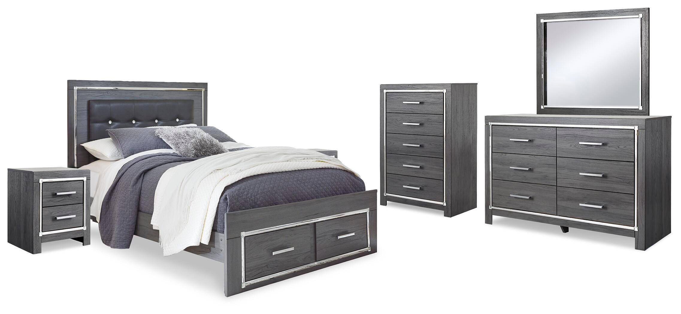 Lodanna Panel Bed with 2 Storage Drawers with Mirrored Dresser, Chest and 2 Nightstands