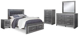 Lodanna Panel Bed with 2 Storage Drawers with Mirrored Dresser, Chest and 2 Nightstands