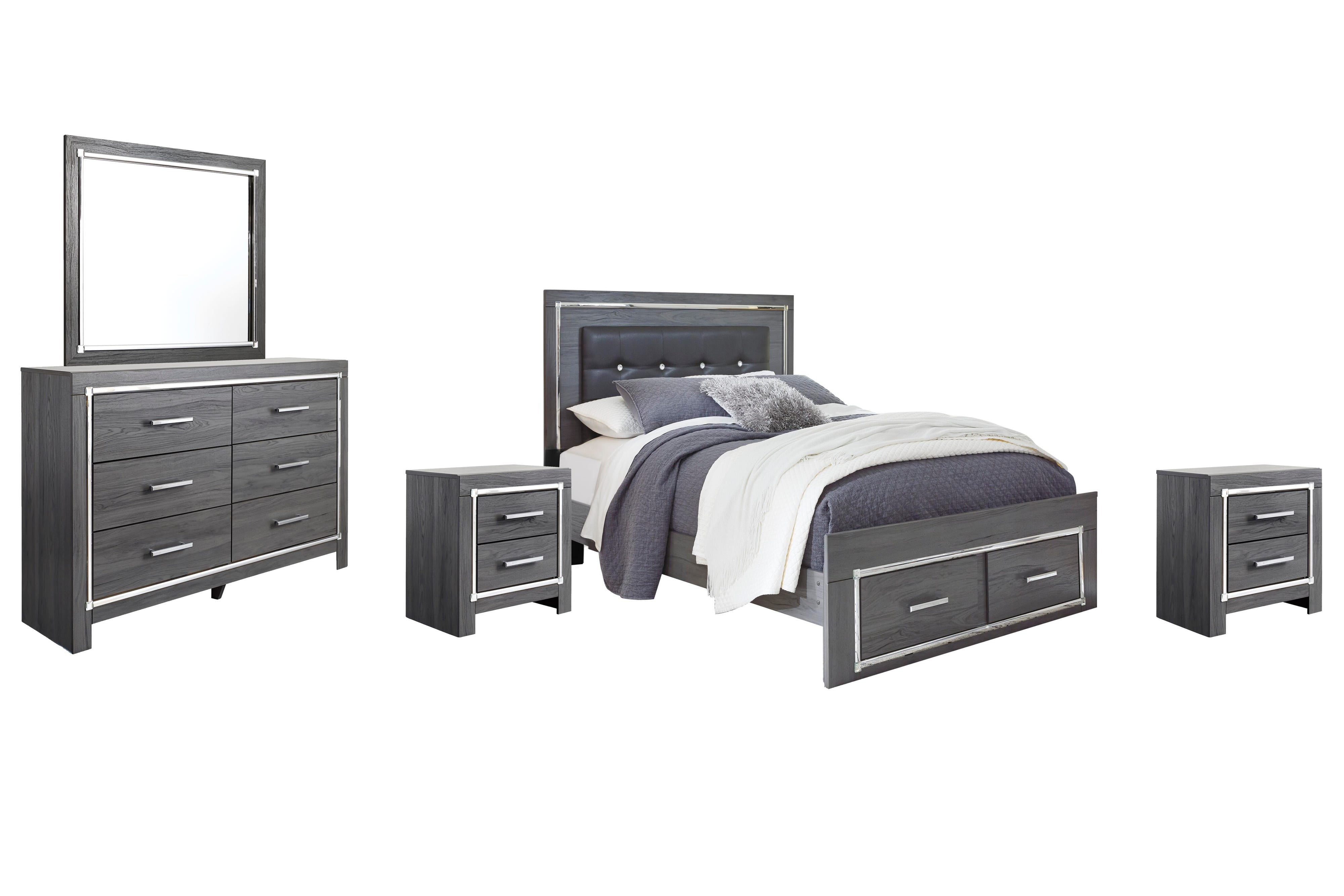 Lodanna Panel Bed with 2 Storage Drawers with Mirrored Dresser and 2 Nightstands