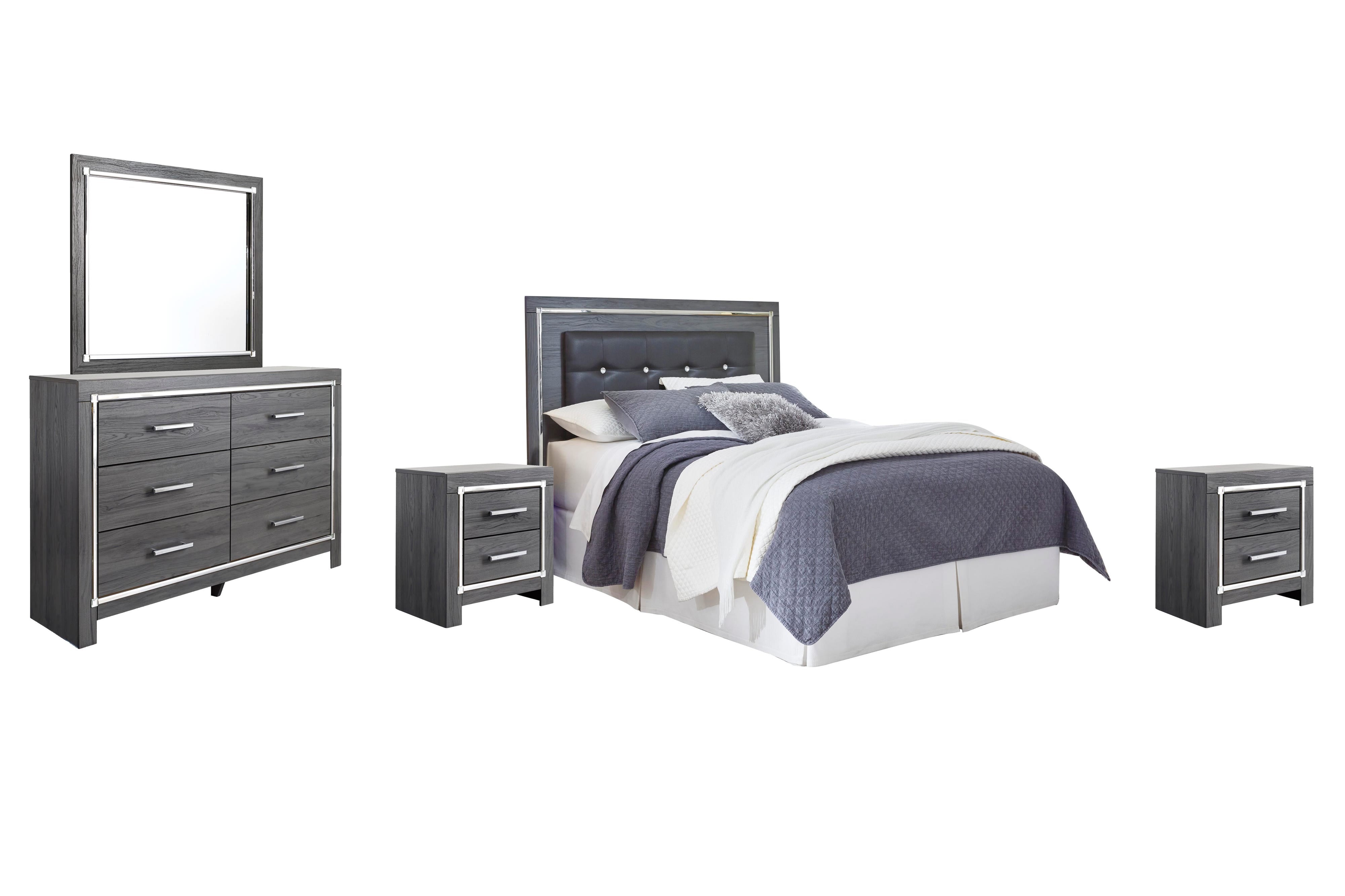 Lodanna Upholstered Panel Headboard with Mirrored Dresser and 2 Nightstands