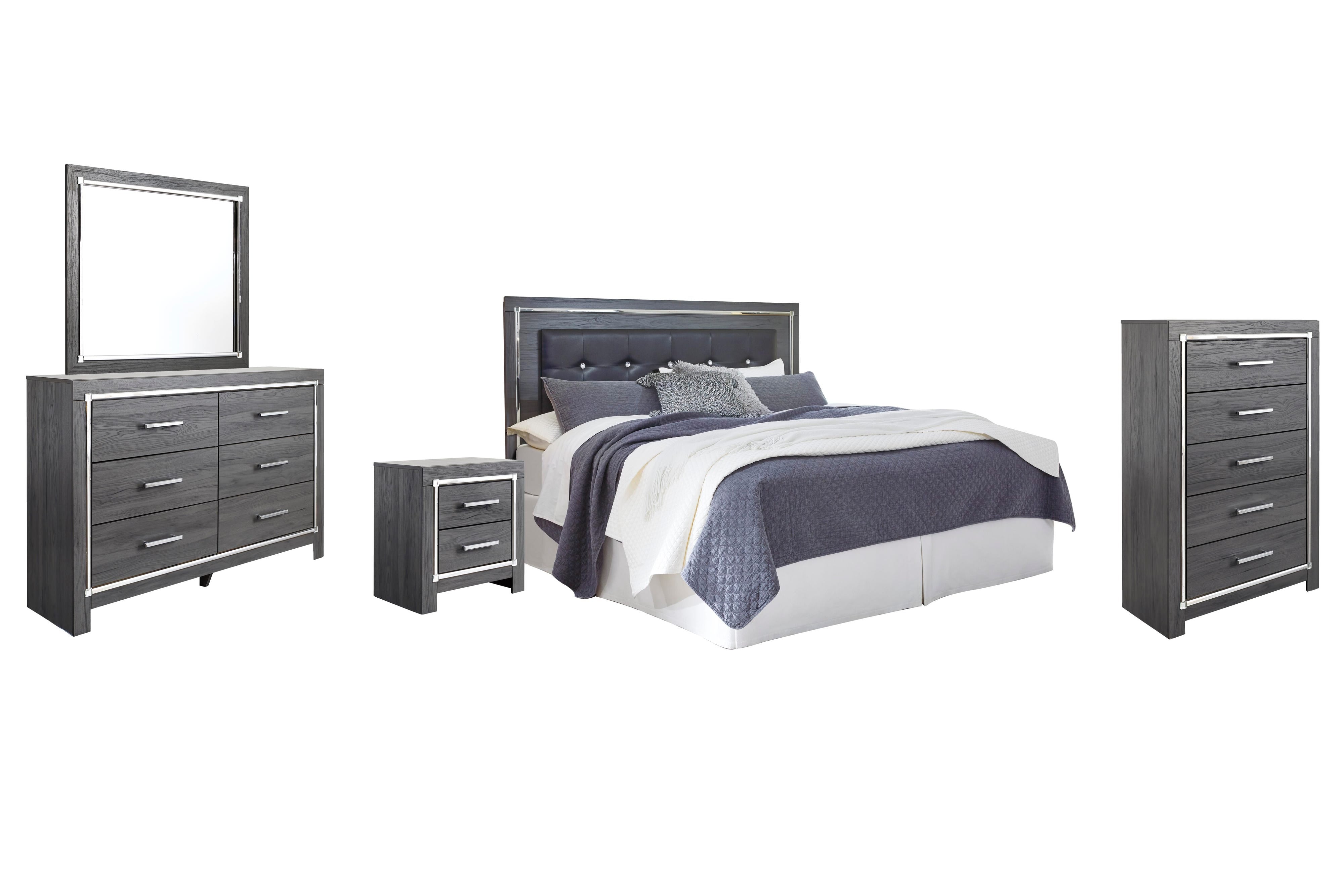 Lodanna Upholstered Panel Headboard with Mirrored Dresser, Chest and Nightstand