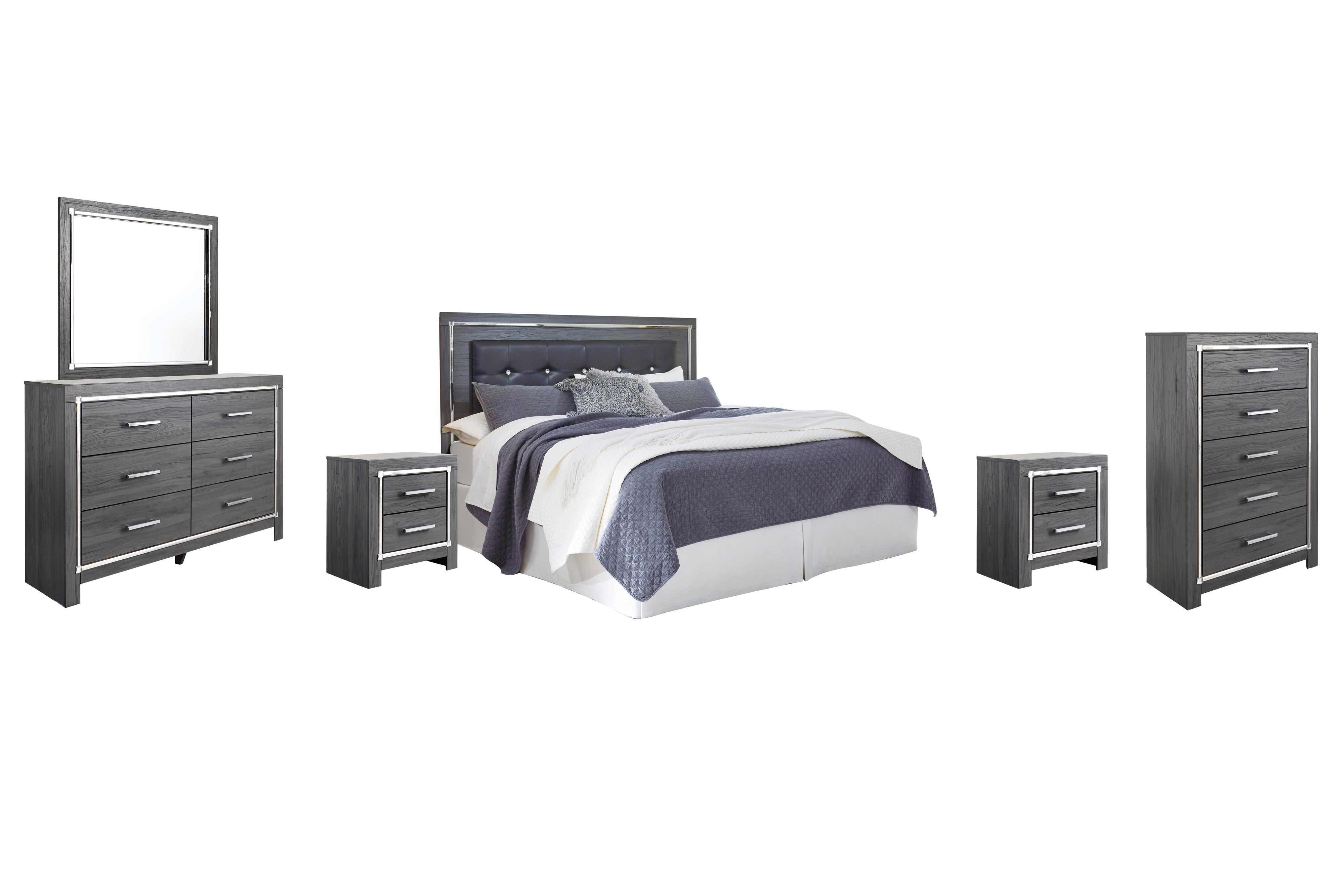 Lodanna Upholstered Panel Headboard with Mirrored Dresser, Chest and 2 Nightstands