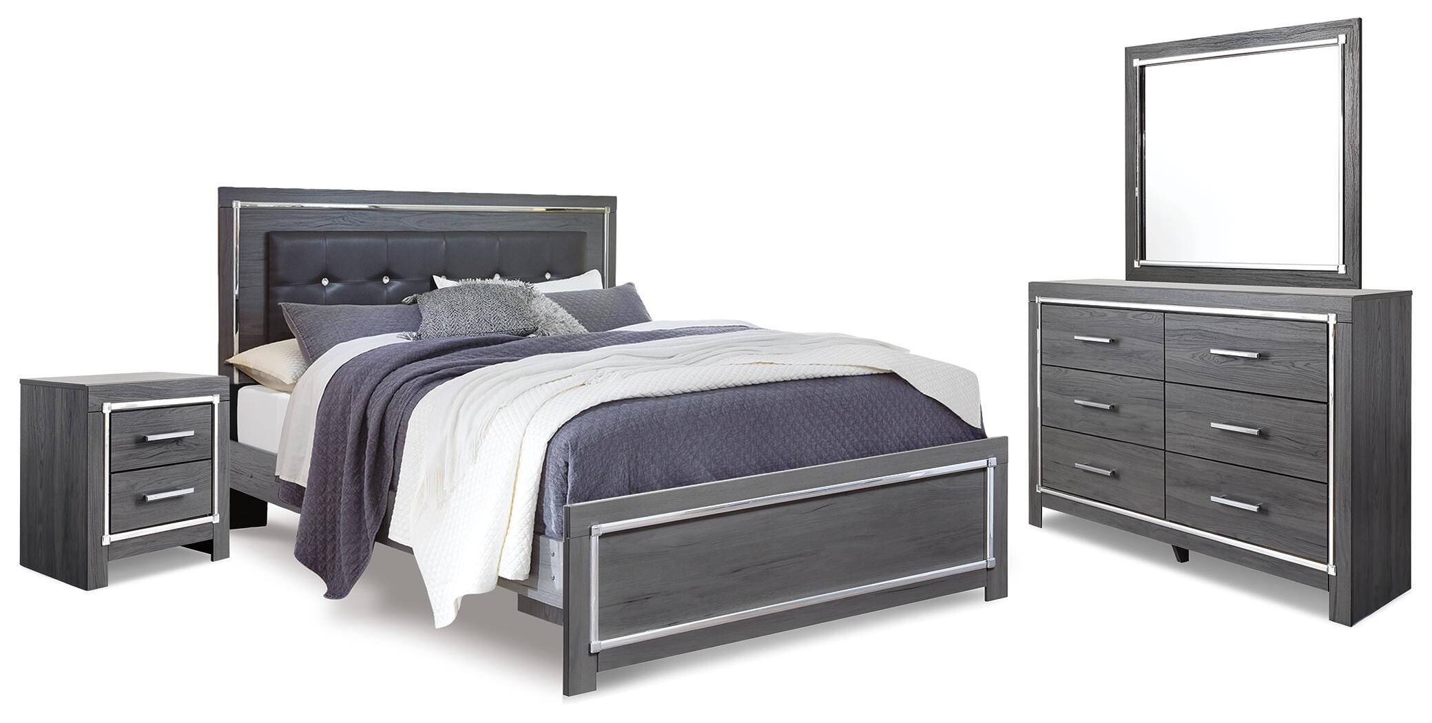 Lodanna Upholstered Panel Bed, Dresser, Mirror, and Nightstand