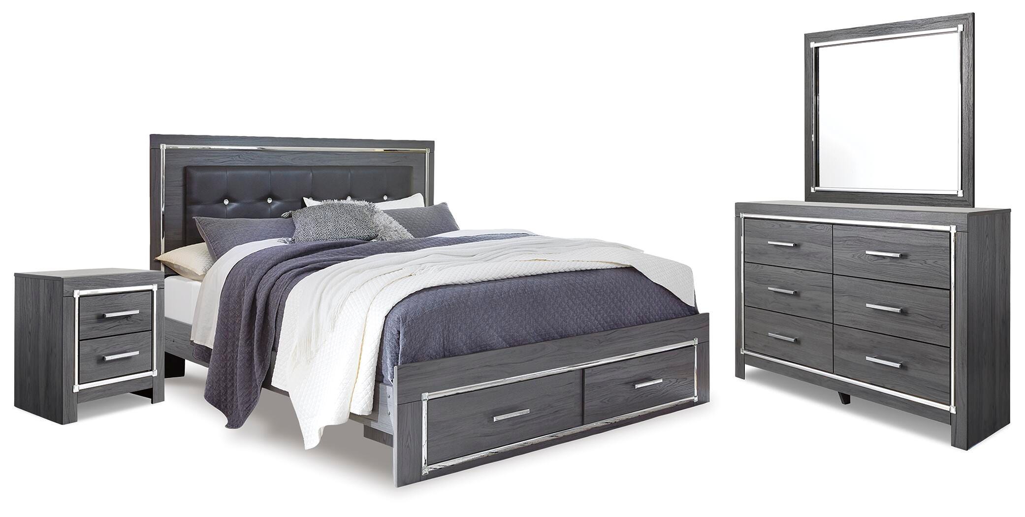 Lodanna Panel Bed with 2 Storage Drawers, Dresser, Mirror and Nightstand
