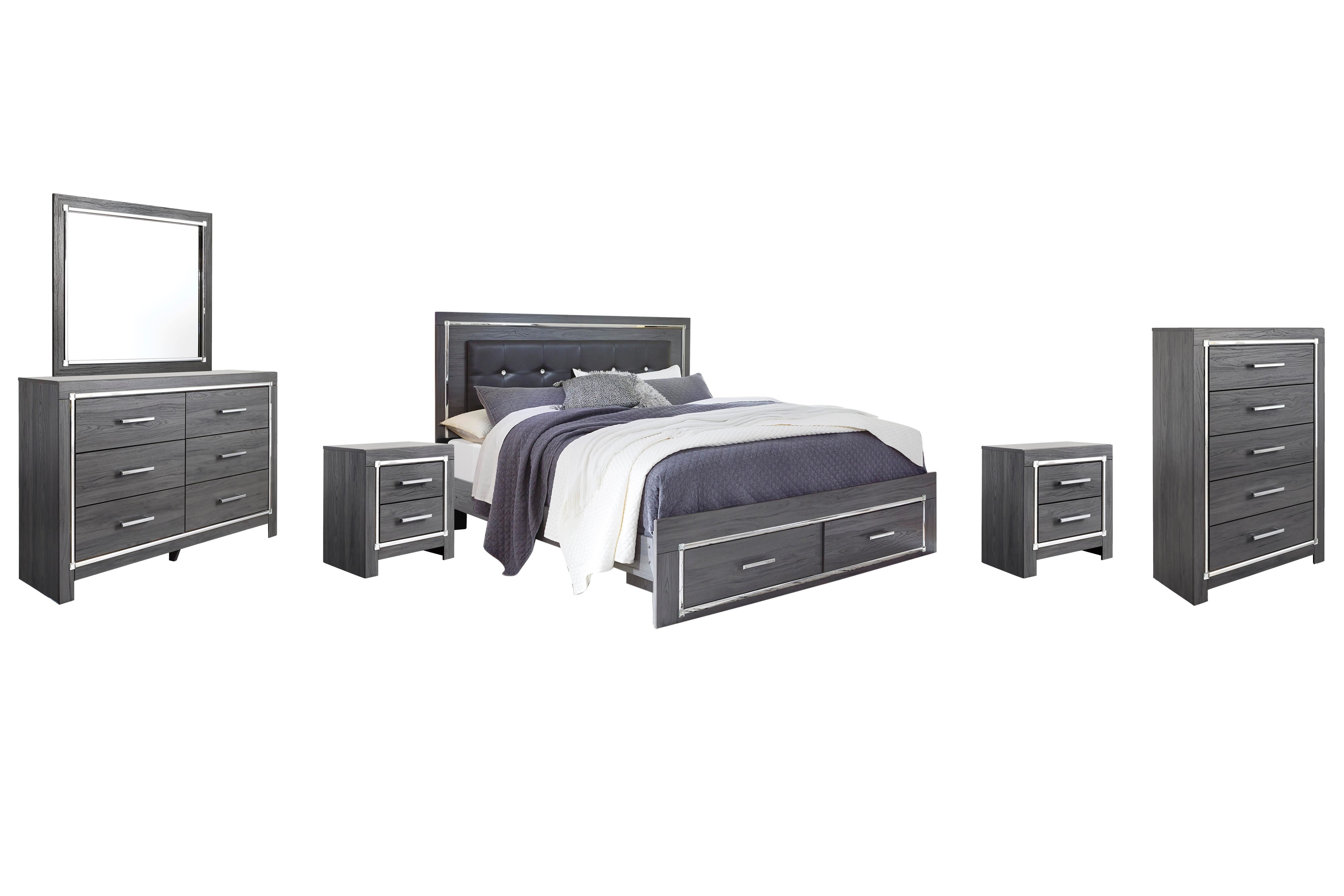 Lodanna Panel Bed with 2 Storage Drawers with Mirrored Dresser, Chest and 2 Nightstands