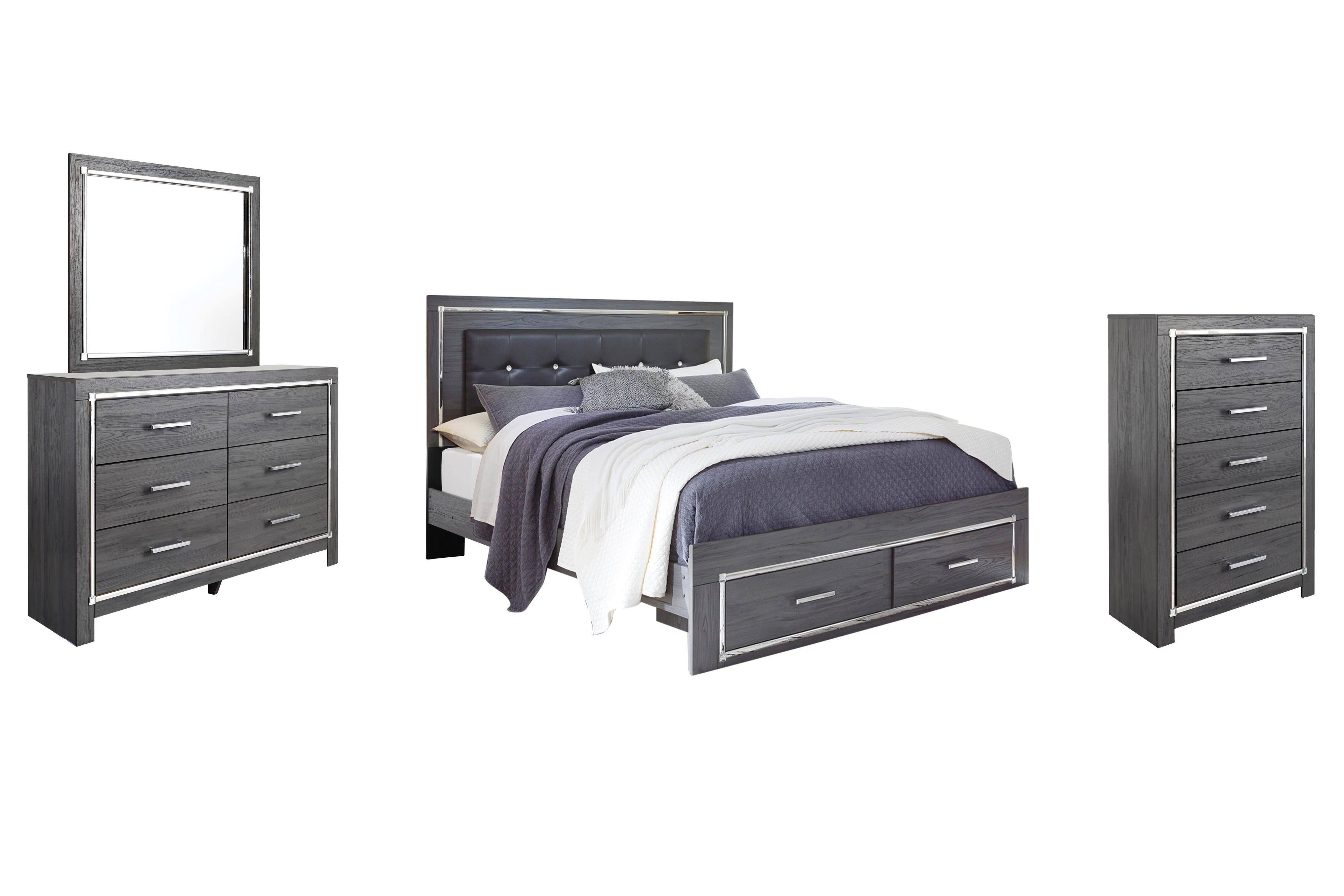 Lodanna Panel Bed with 2 Storage Drawers with Mirrored Dresser and Chest
