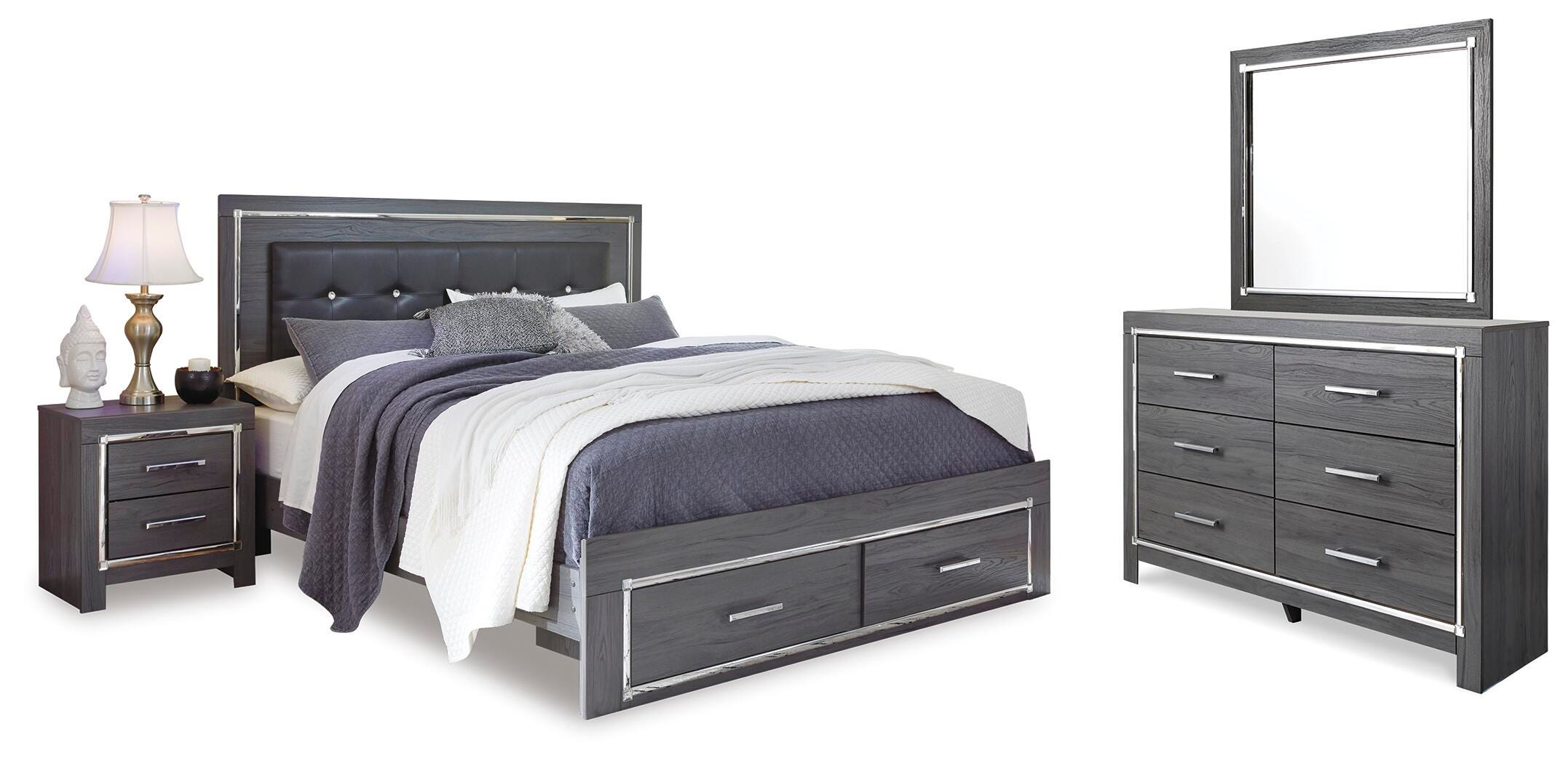 Lodanna Upholstered Panel Storage Bed, Dresser, Mirror, and Nightstand