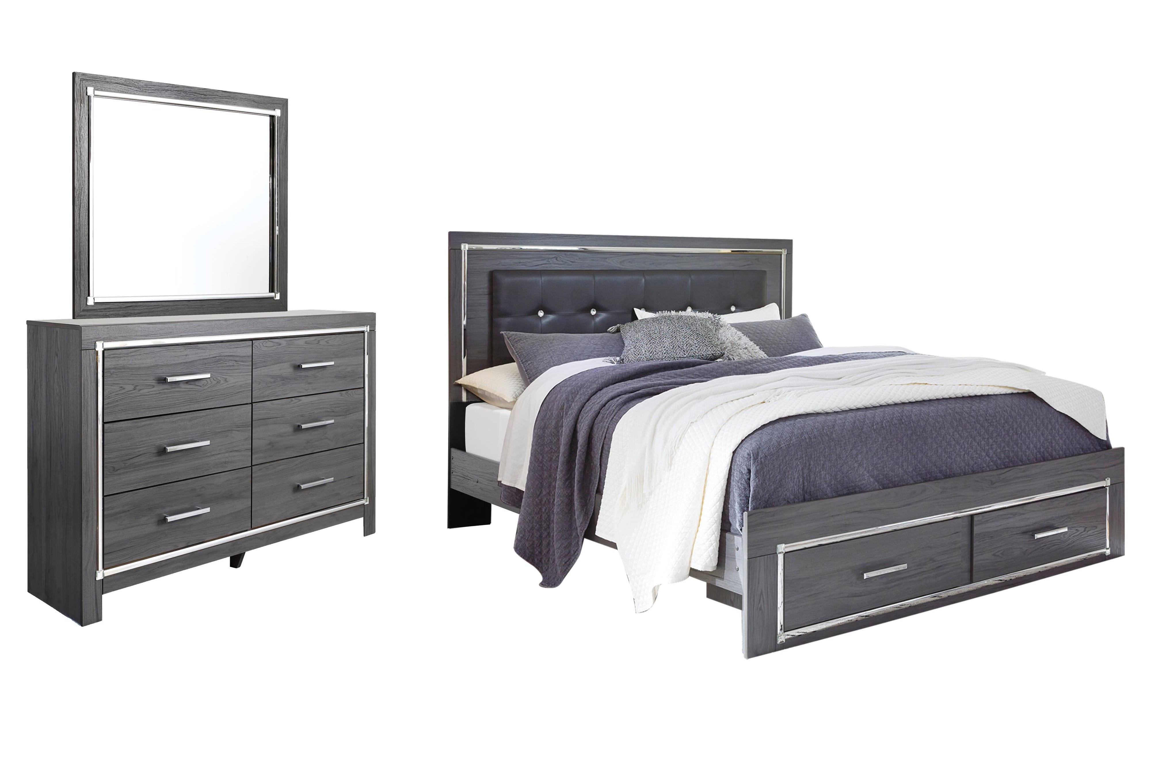 Lodanna Panel Bed with 2 Storage Drawers with Mirrored Dresser