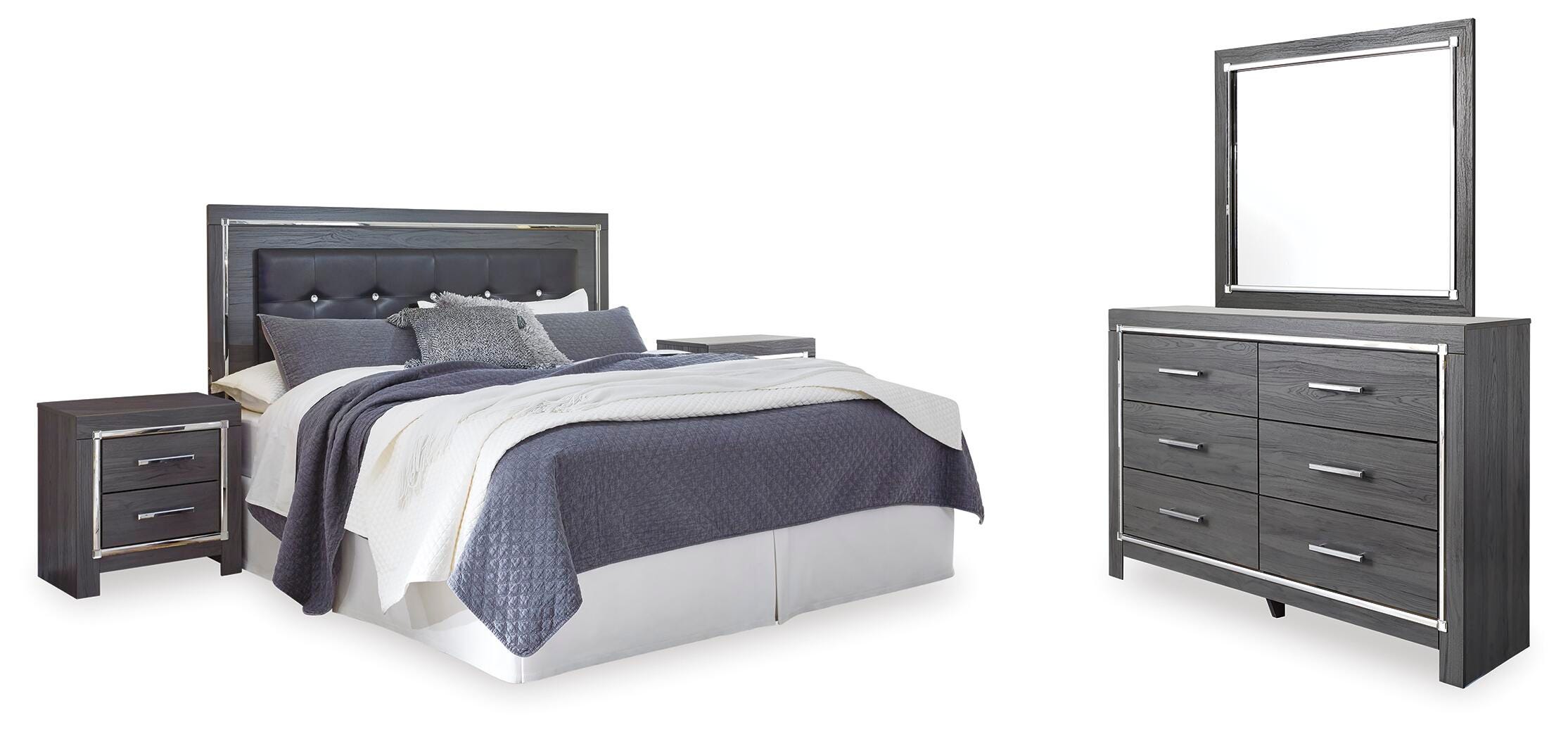 Lodanna Upholstered Panel Headboard with Mirrored Dresser and 2 Nightstands