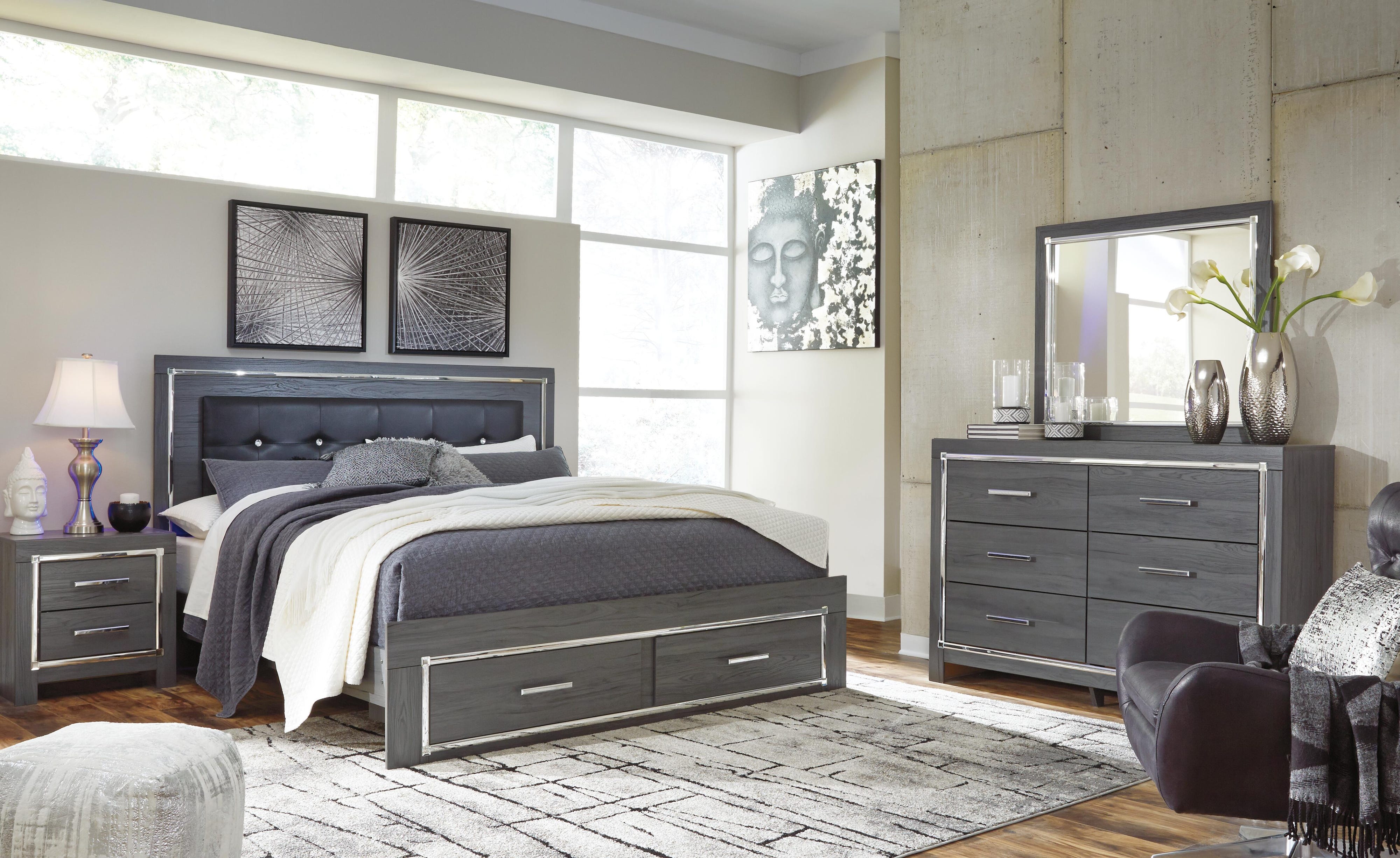 Lodanna Panel Bed with 2 Storage Drawers with Mirrored Dresser