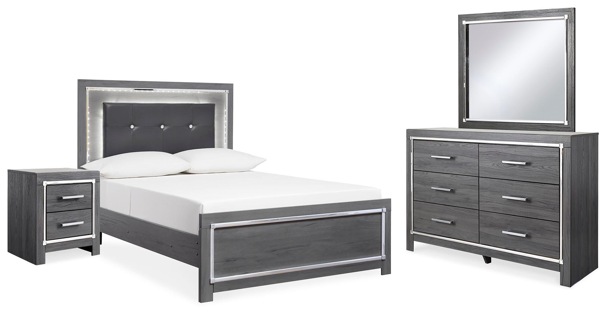 Lodanna Upholstered Panel Bed, Dresser, Mirror, and Nightstand